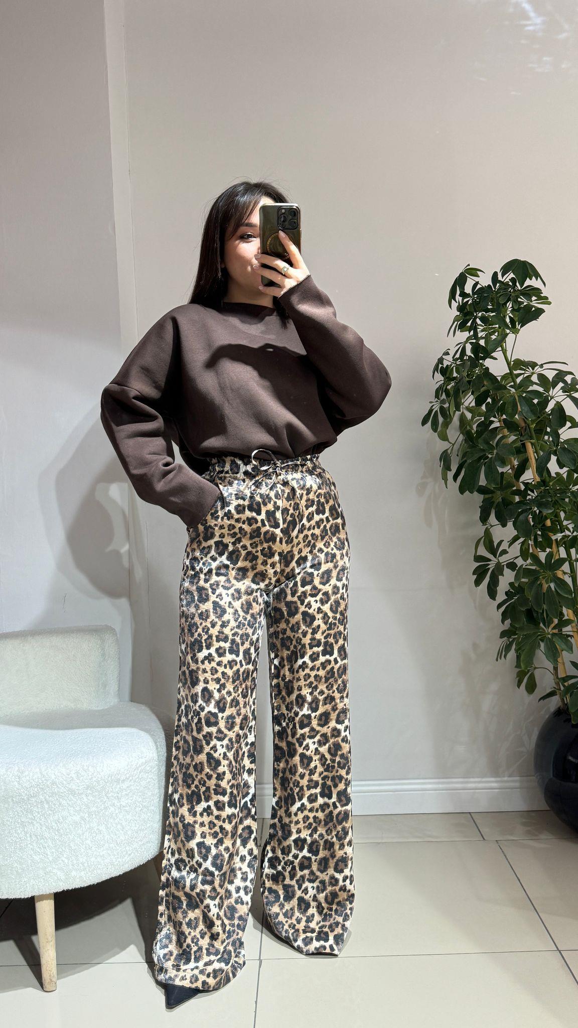 Parlak Beli Lastikli Leopar Pantolon 