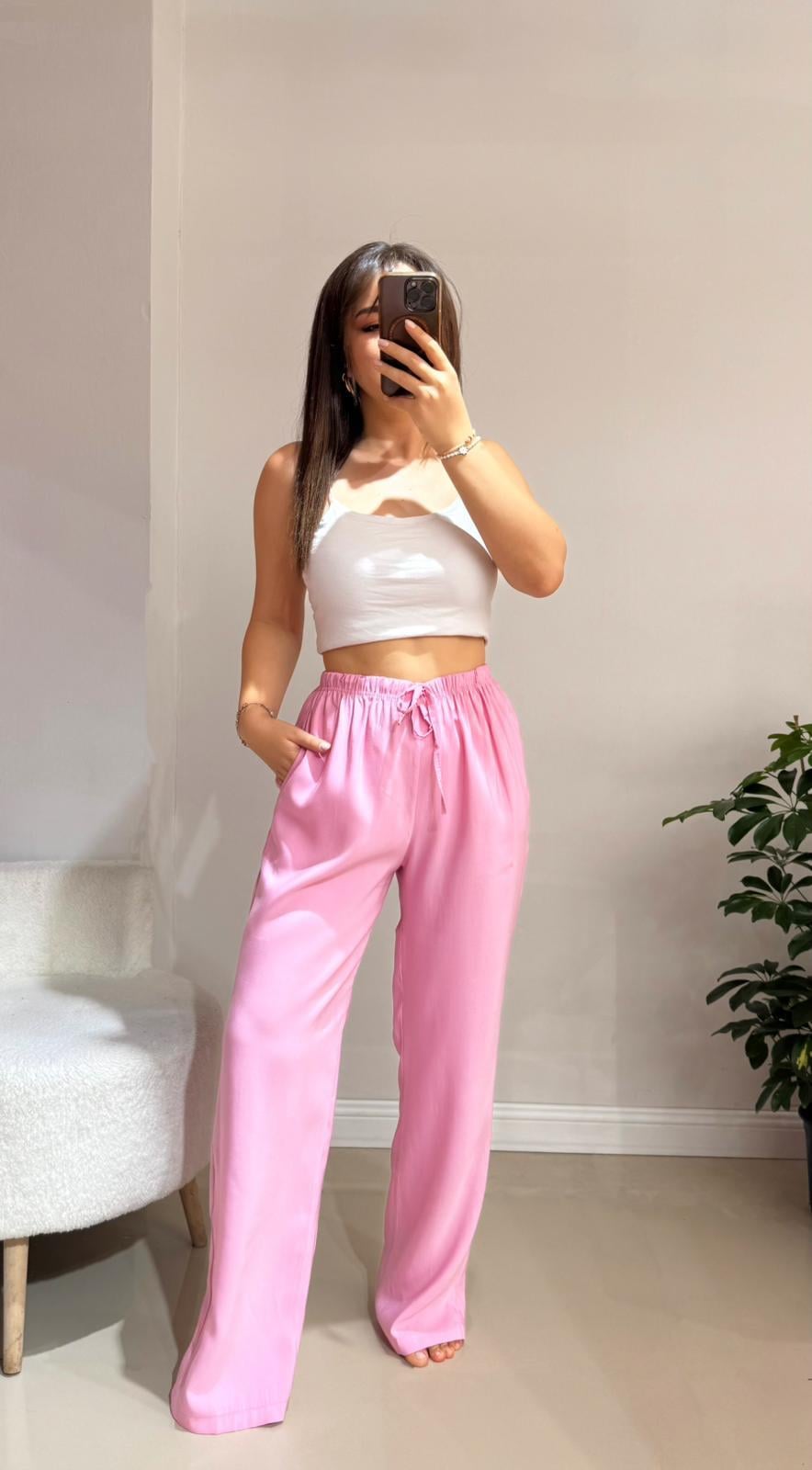 Beli Lastikli Pembe Keten Pantolon