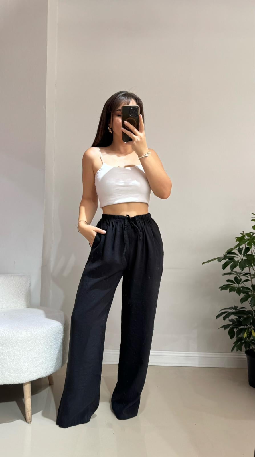 Beli Lastikli Siyah Keten Pantolon