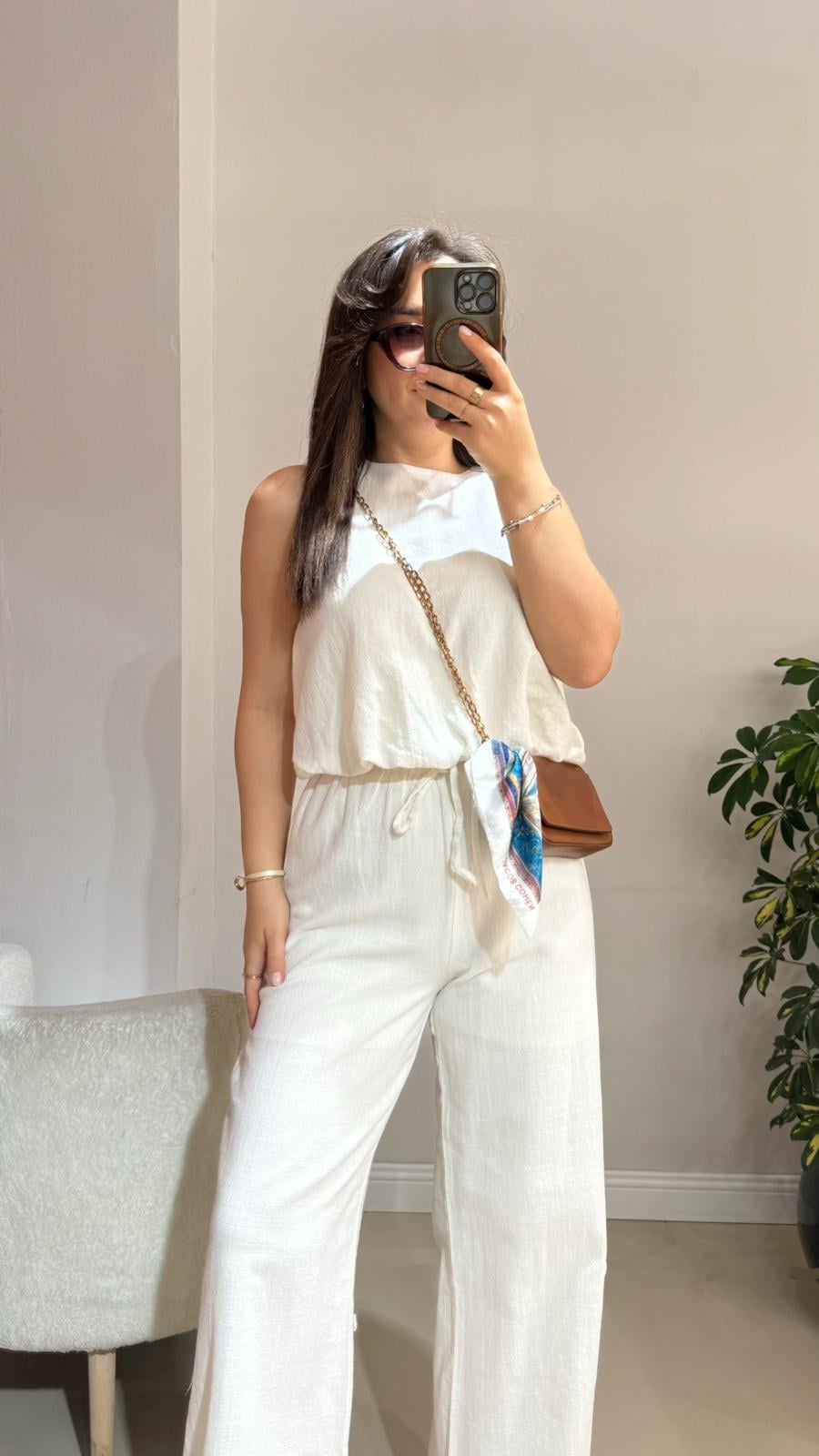 Ekru Keten Bluz Pantolon Takım