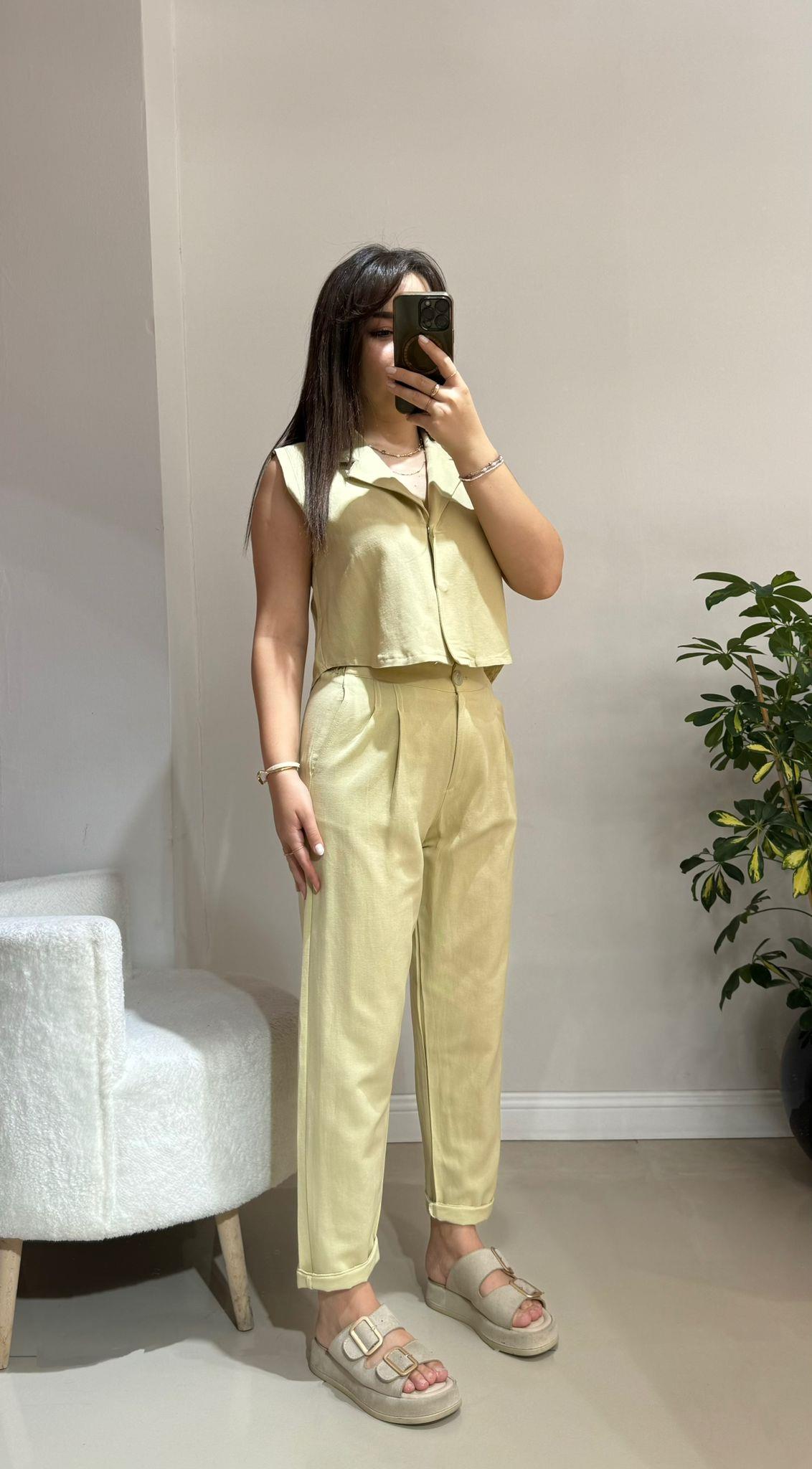 Olive Çıtçıt Detaylı Yelek Pantolon Takım