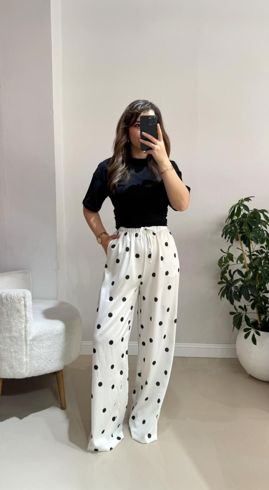 Puantiyeli Beyaz Beli Lastikli Pantolon