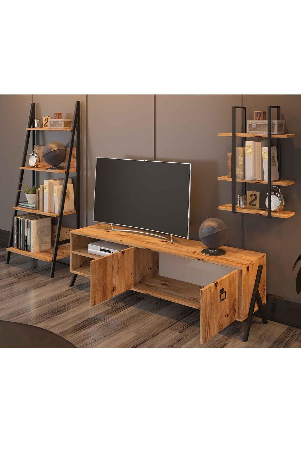 Avmpark Yanke Tv 150 Metal Raflı + Kitaplık Atlantik Çam