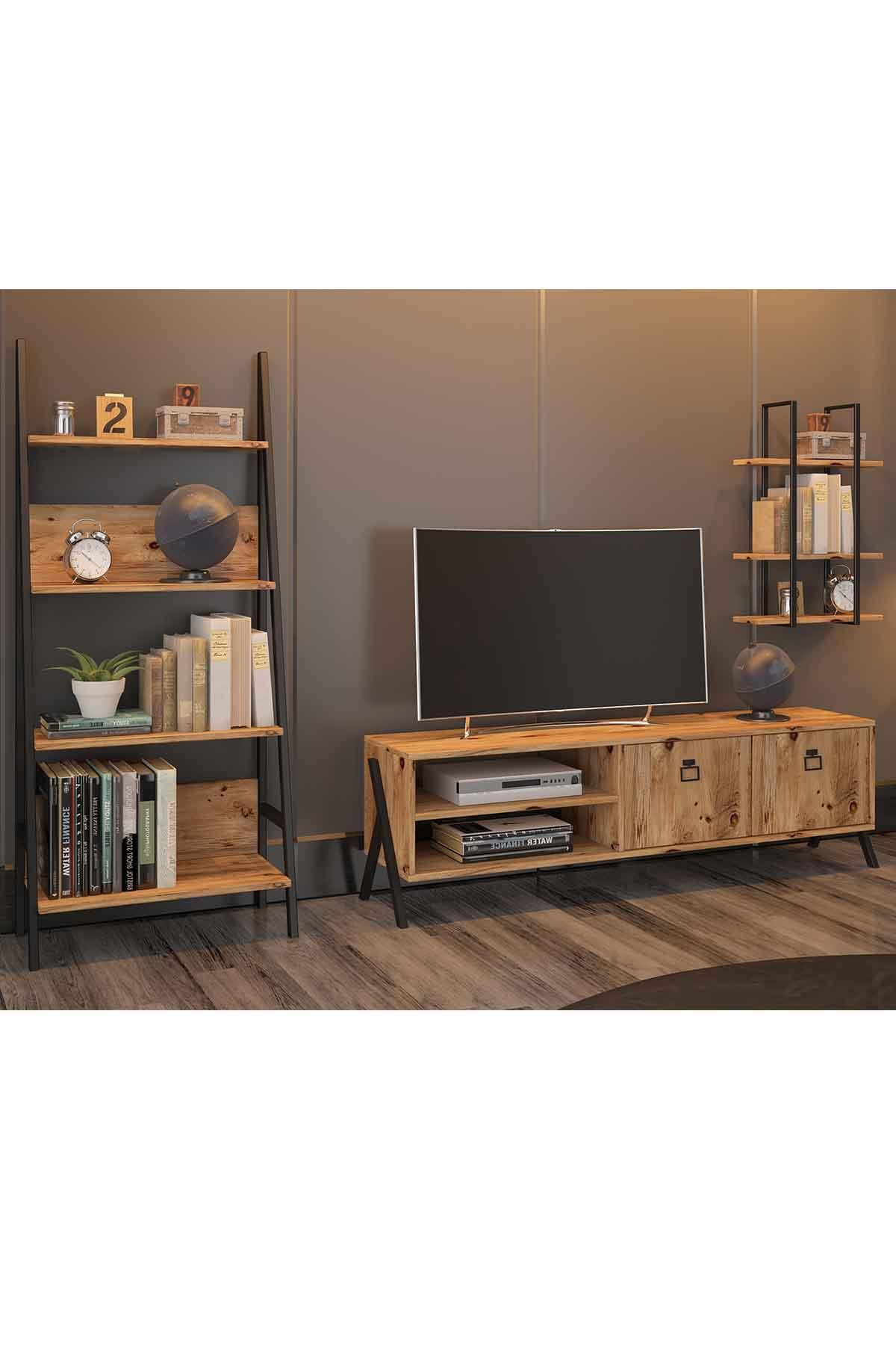 Avmpark Yanke Tv 150 Metal Raflı + Kitaplık Atlantik Çam