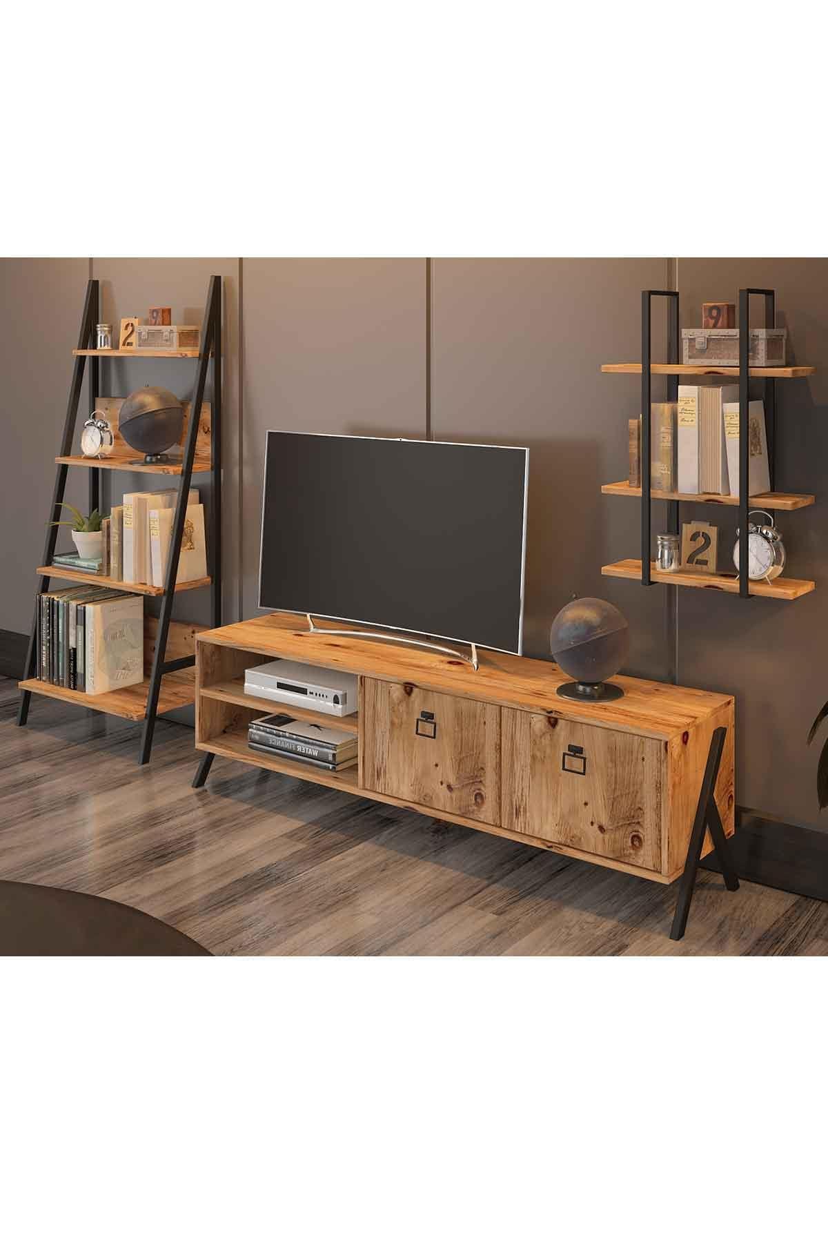 Avmpark Yanke Tv 150 Metal Raflı + Kitaplık Atlantik Çam