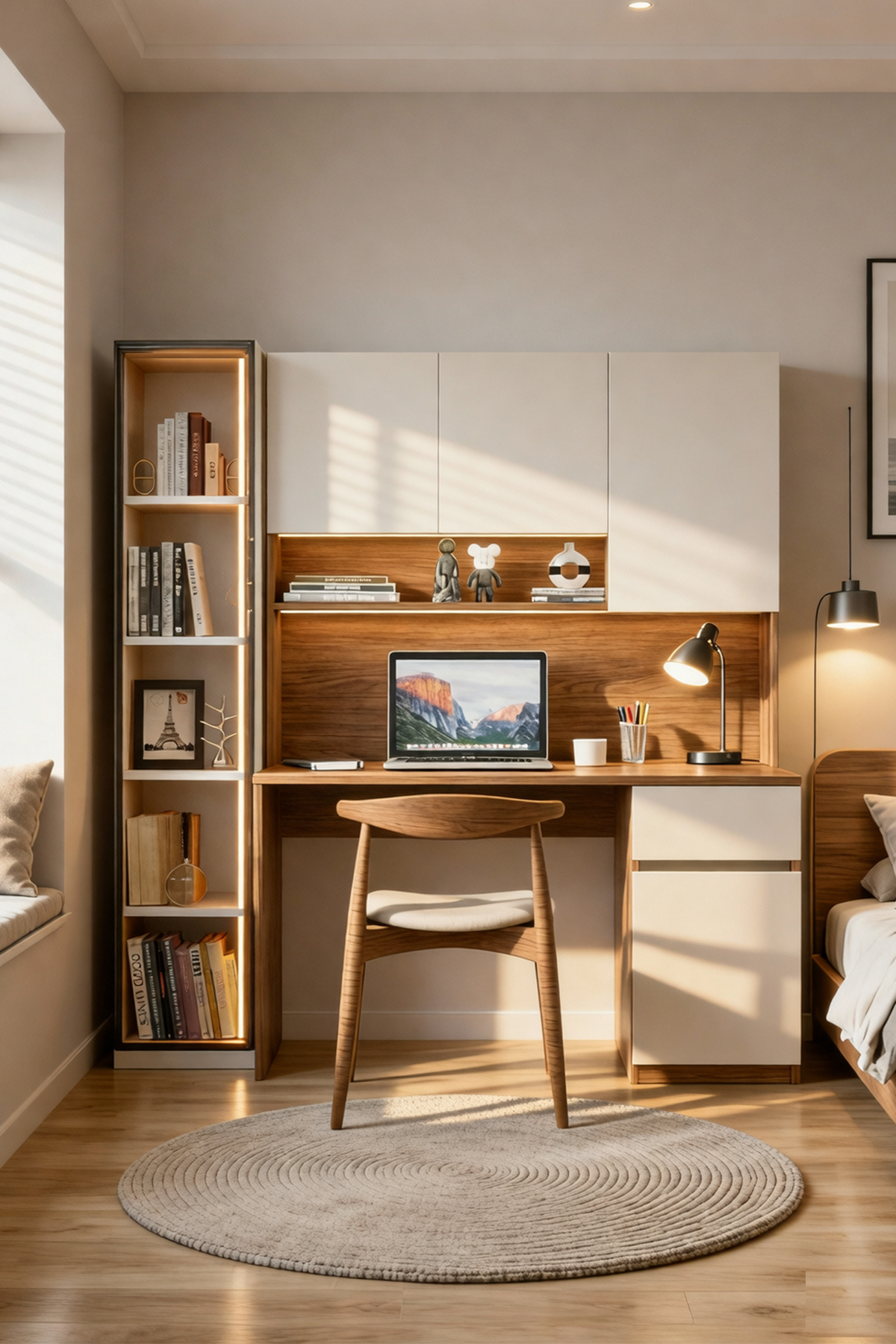 Bondy Çalışma Masası Bilgisayar Masası + Led Işıklı Cam Kapaklı Kitapiık Ceviz Beyaz