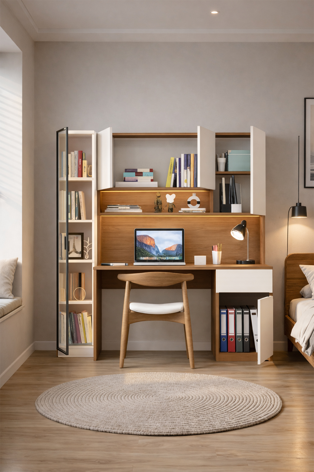 Bondy Çalışma Masası Bilgisayar Masası + Led Işıklı Cam Kapaklı Kitapiık Ceviz Beyaz