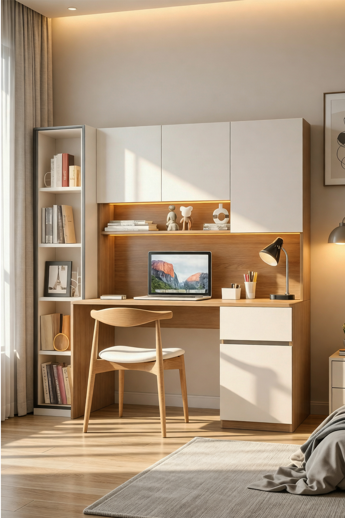 Bondy Çalışma Masası Bilgisayar Masası + Led Işıklı Cam Kapaklı Kitapiık Ceviz Beyaz