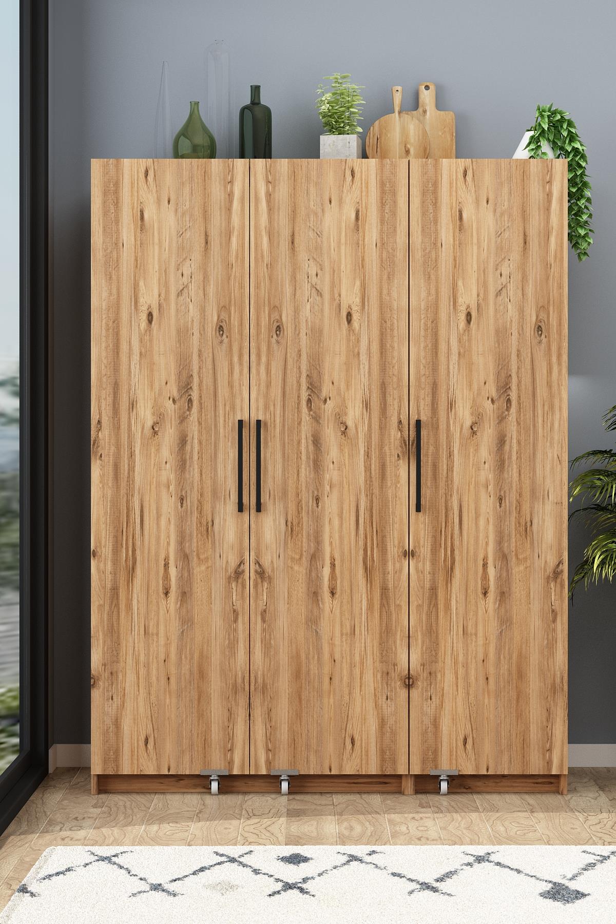 Erzak Dolabı 180 Cm 3 Kapaklı Banyo Kiler Dolabı Çok Amaçlı Dolap Atlantik Çam