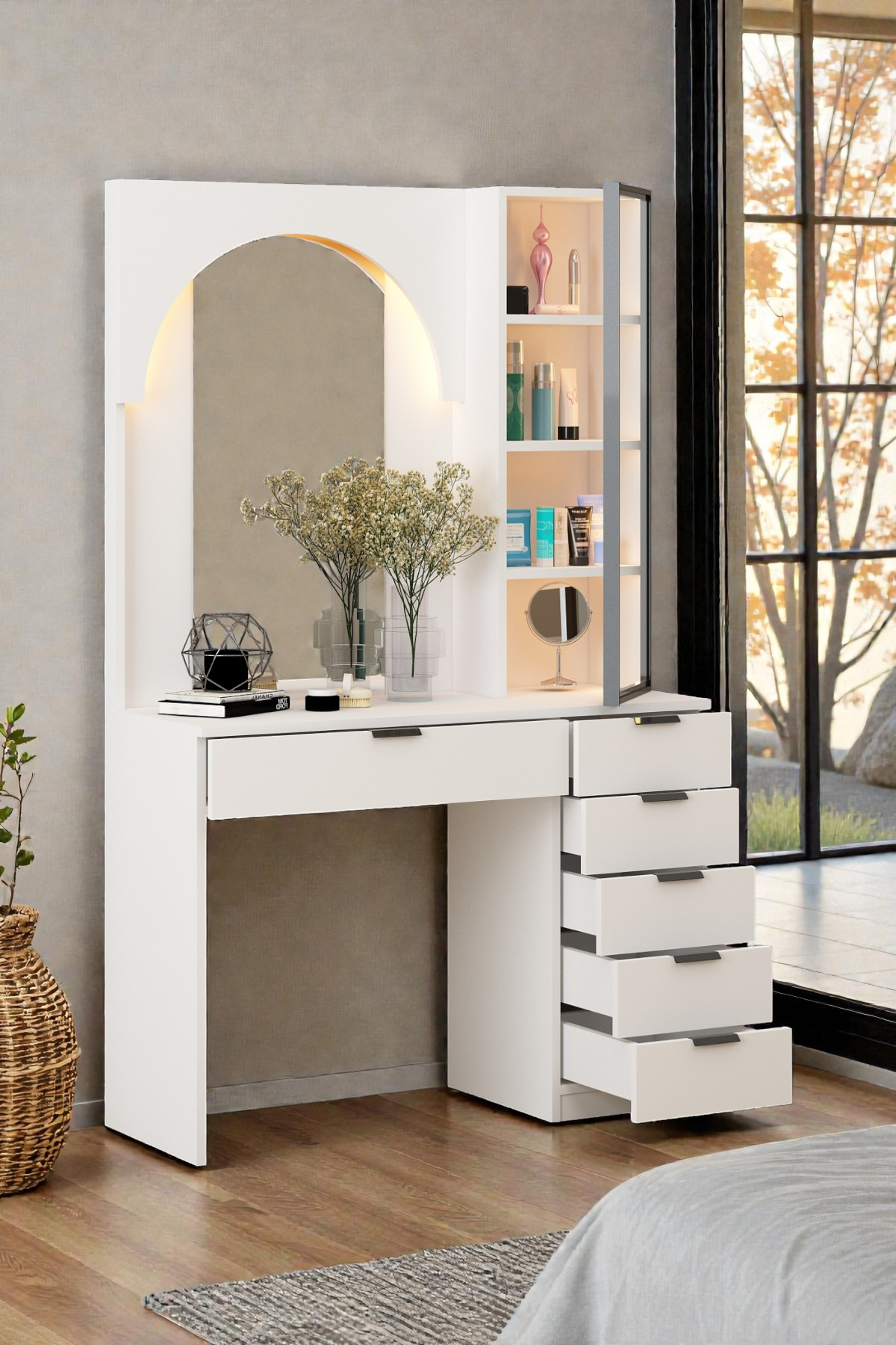 Marbel Işıklı Aynalı Cam Kapaklı Dolaplı Makyaj Masası Organizer Çekmeceli Şifonyer