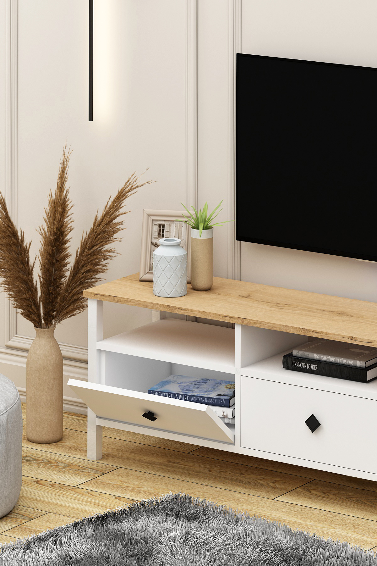 Remy Tv Ünitesi 150 cm Televizyon Sehpası Sepet-Beyaz