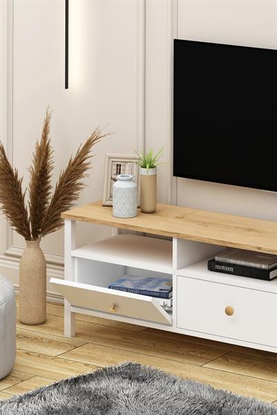 Remy Ahşap Kulplu Tv Ünitesi 150 cm Sepet-Beyaz Alt Modül