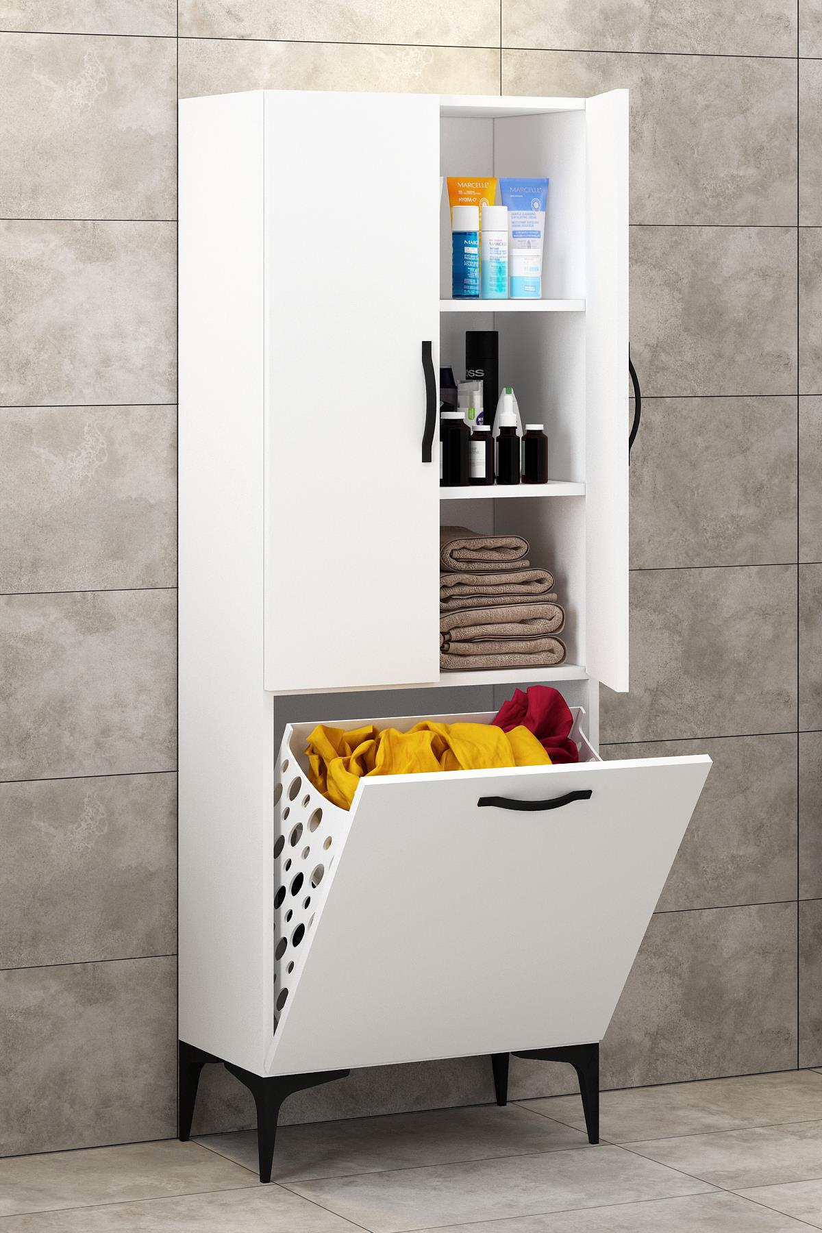 Duru Beyaz Raflı Düşer Kapaklı Çamaşır Sepeti Kirli Sepeti Banyo Düzenleyici Çok Amaçlı Banyo Dolabı
