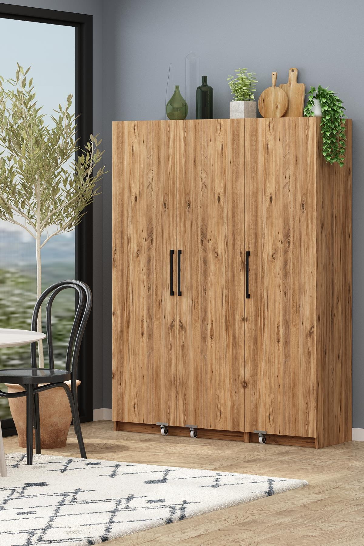 Erzak Dolabı 180 Cm 3 Kapaklı Banyo Kiler Dolabı Çok Amaçlı Dolap Atlantik Çam