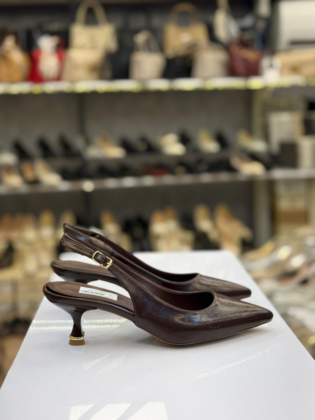 Kısa Topuk Arkası Açık Stiletto Kahve