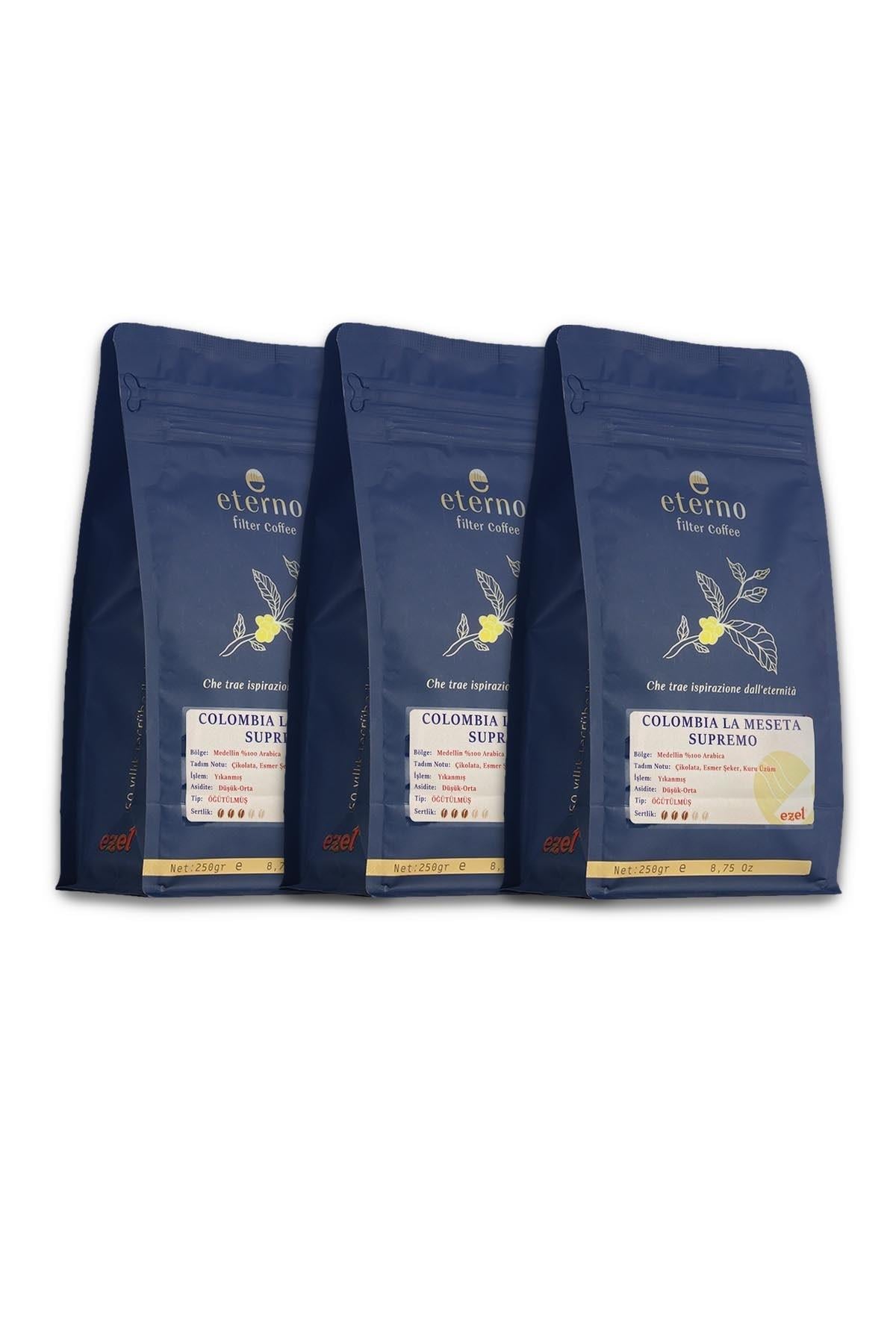 Eterno Colombia La Meseta Supremo Filtre Kahve Çekirdeği Üçlü Set – 3 x 250gr – Kahve Makineleri ile Uyumlu