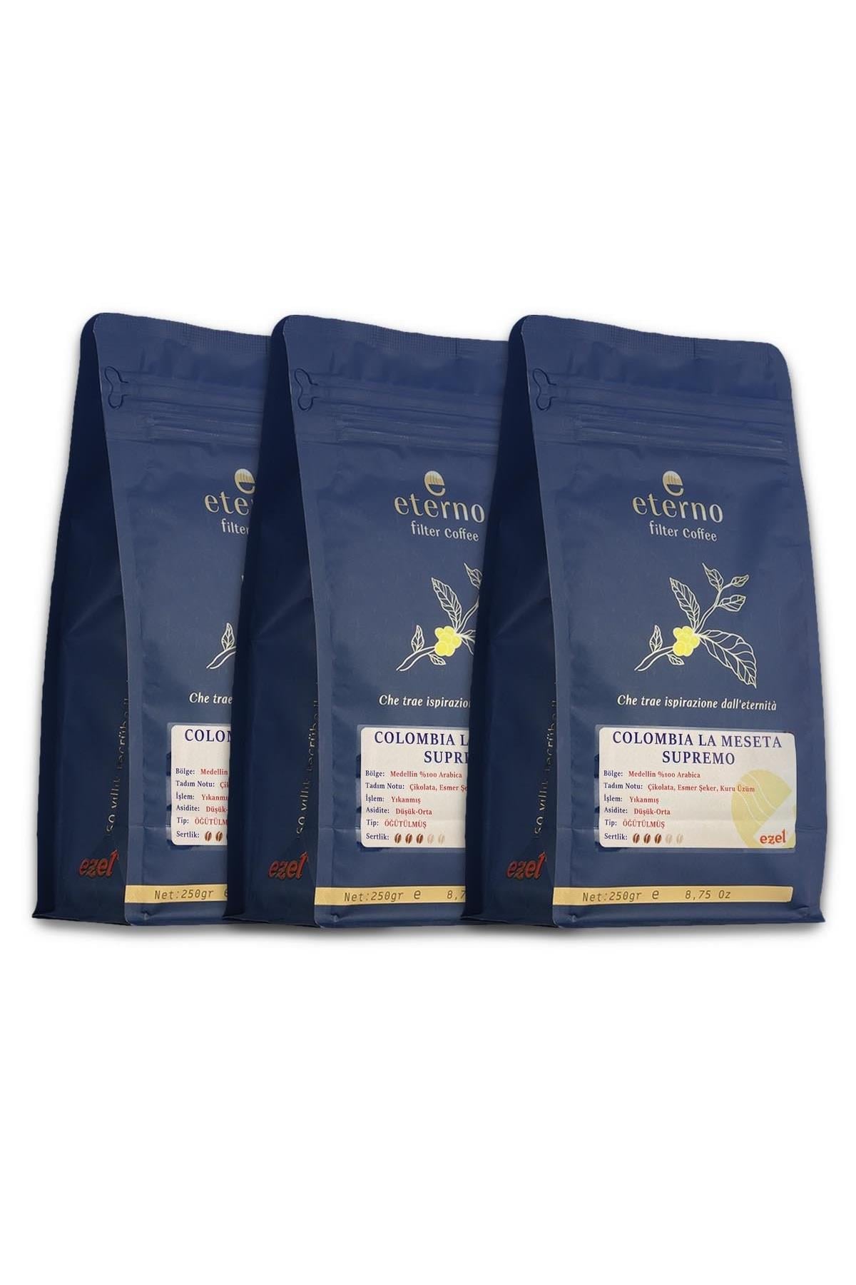 Eterno Colombia La Meseta Supremo Öğütülmüş Üçlü Filtre Kahve Seti – 3 x 250gr