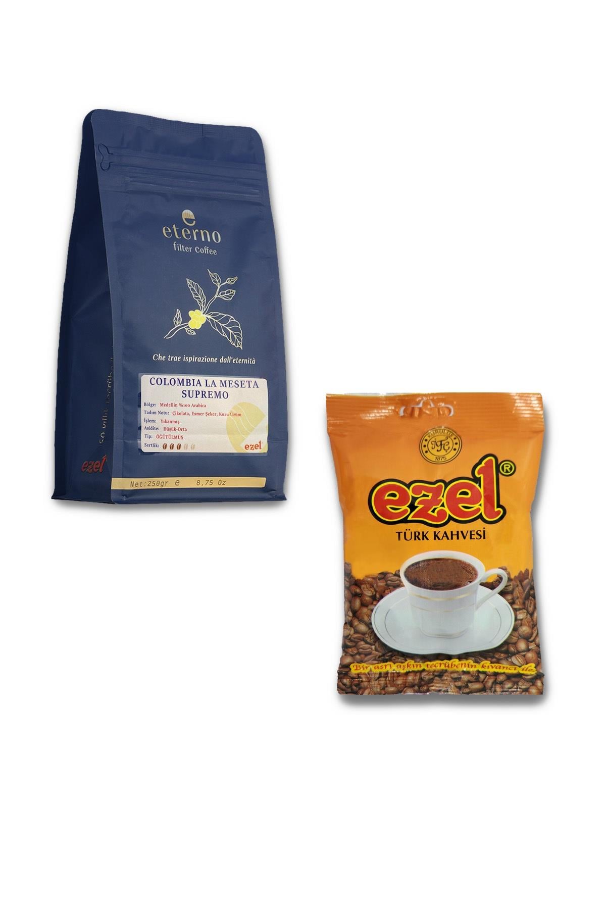 Eterno & Ezel Kahve İkilisi – Colombia Supremo Öğütülmüş 250 gr + 100 gr Öğütülmüş Türk Kahvesi 