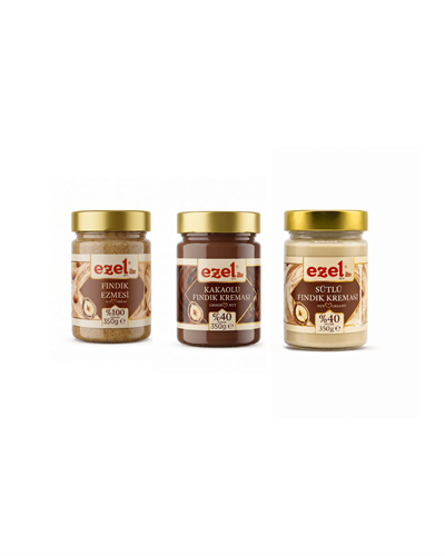 Ezel'den Sütlü Fındık Kreması 350g & Kakaolu Fındık Kreması 350g & Fındık Ezmesi 350g