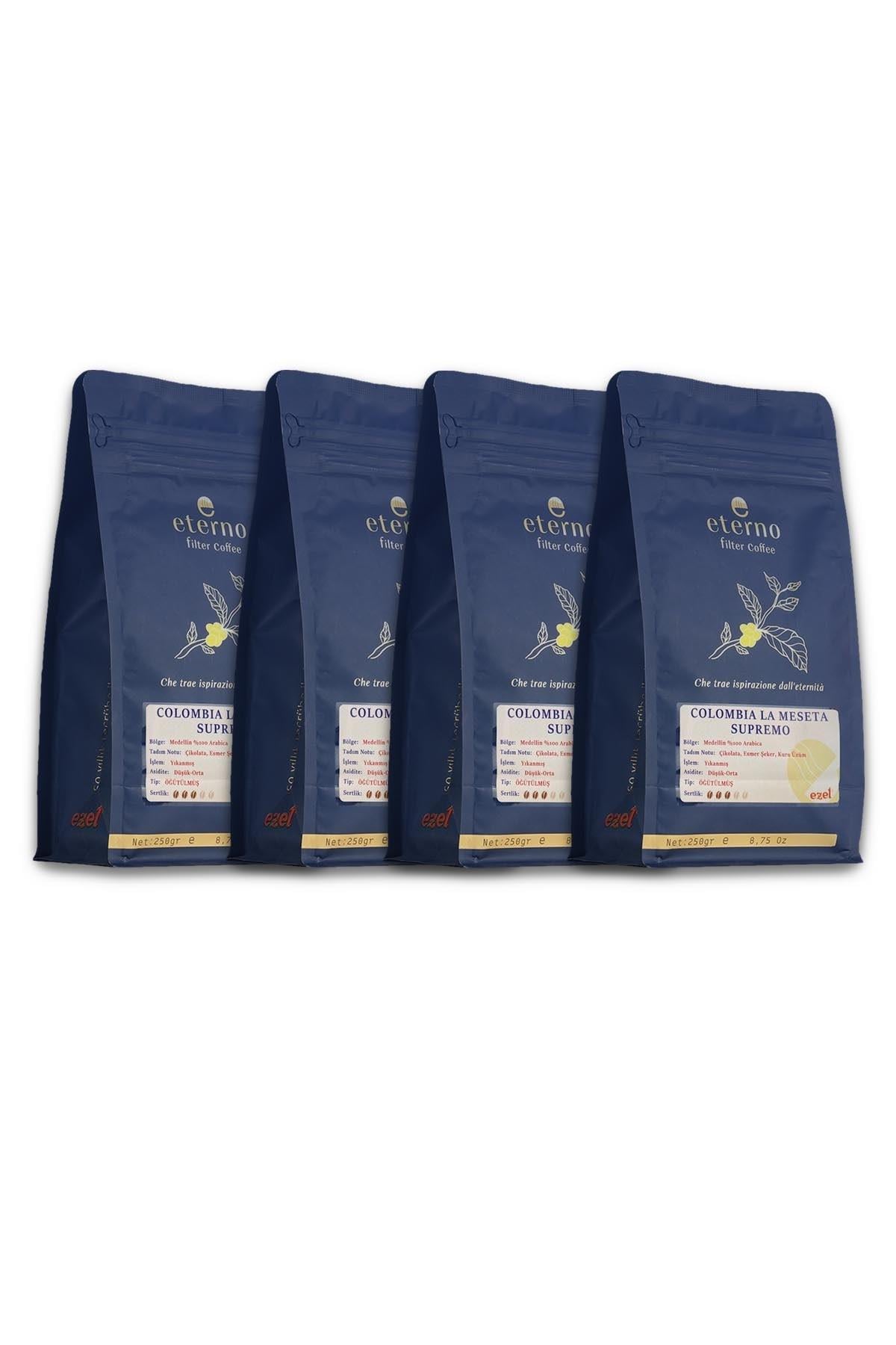 Eterno Colombia La Meseta Supremo Filtre Kahve Çekirdeği Dörtlü Set – 4 x 250gr – Kahve Makineleri ile Uyumlu