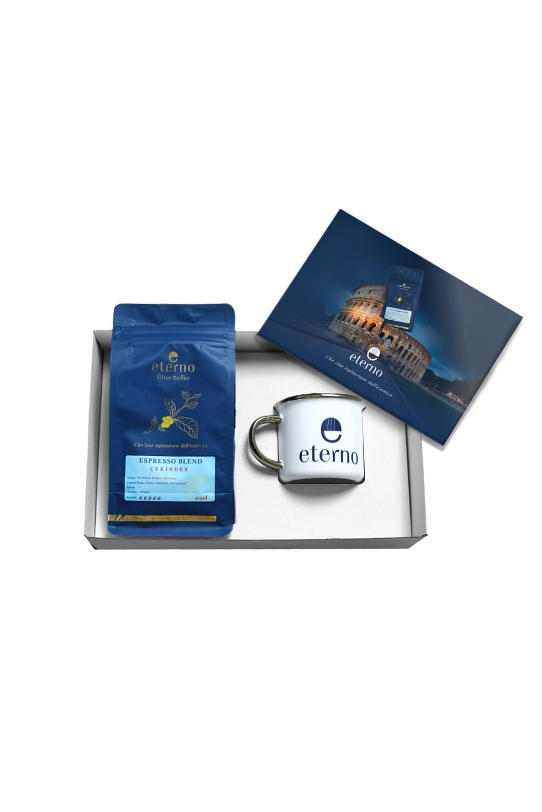 Eterno Espresso Seti - Eterno Logo Baskılı Kupa + Espresso Çekirdek Filtre Kahve 250gr - Özel Tasarım & Hediye Kutulu 
