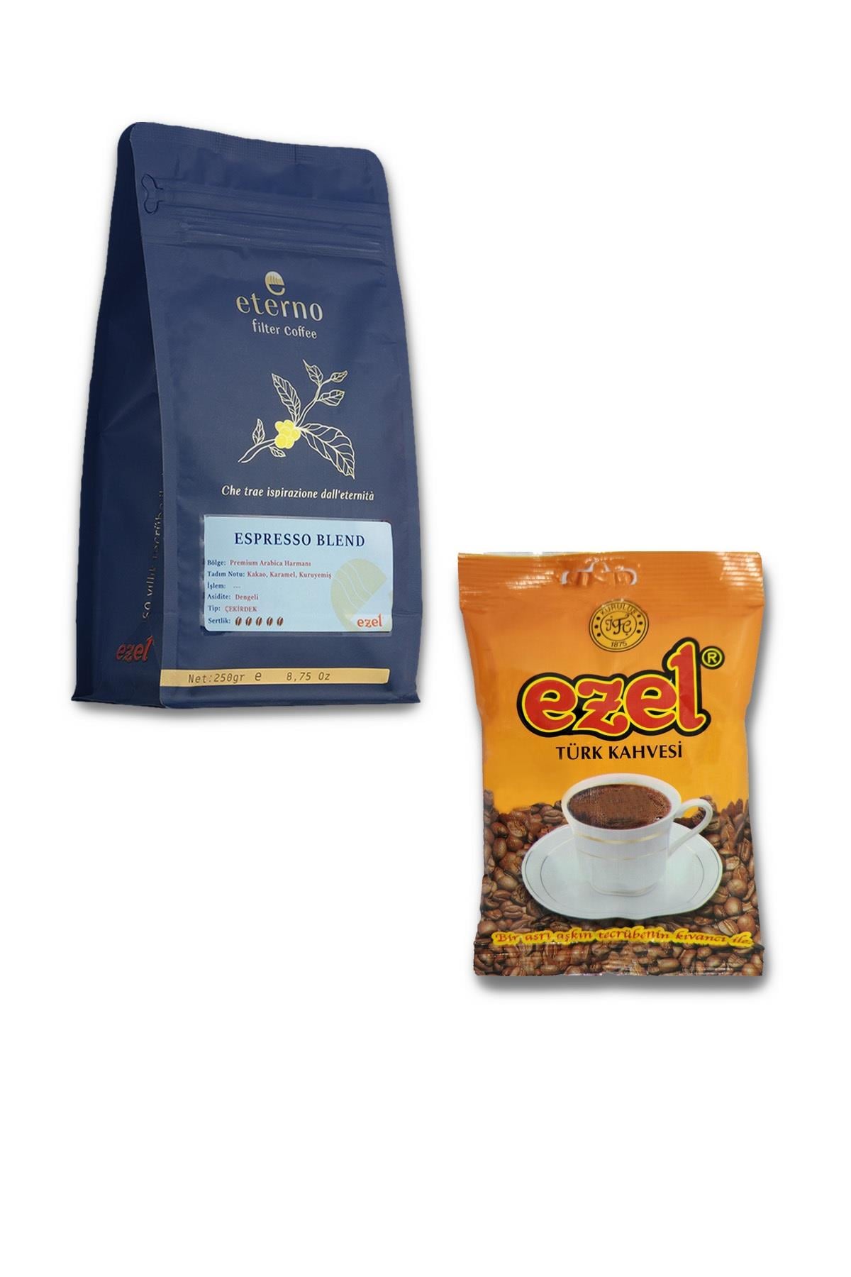 Eterno & Ezel Kahve İkilisi – Espresso Blend Öğütülmüş 250 gr + 100 gr  Öğütülmüş Türk Kahvesi