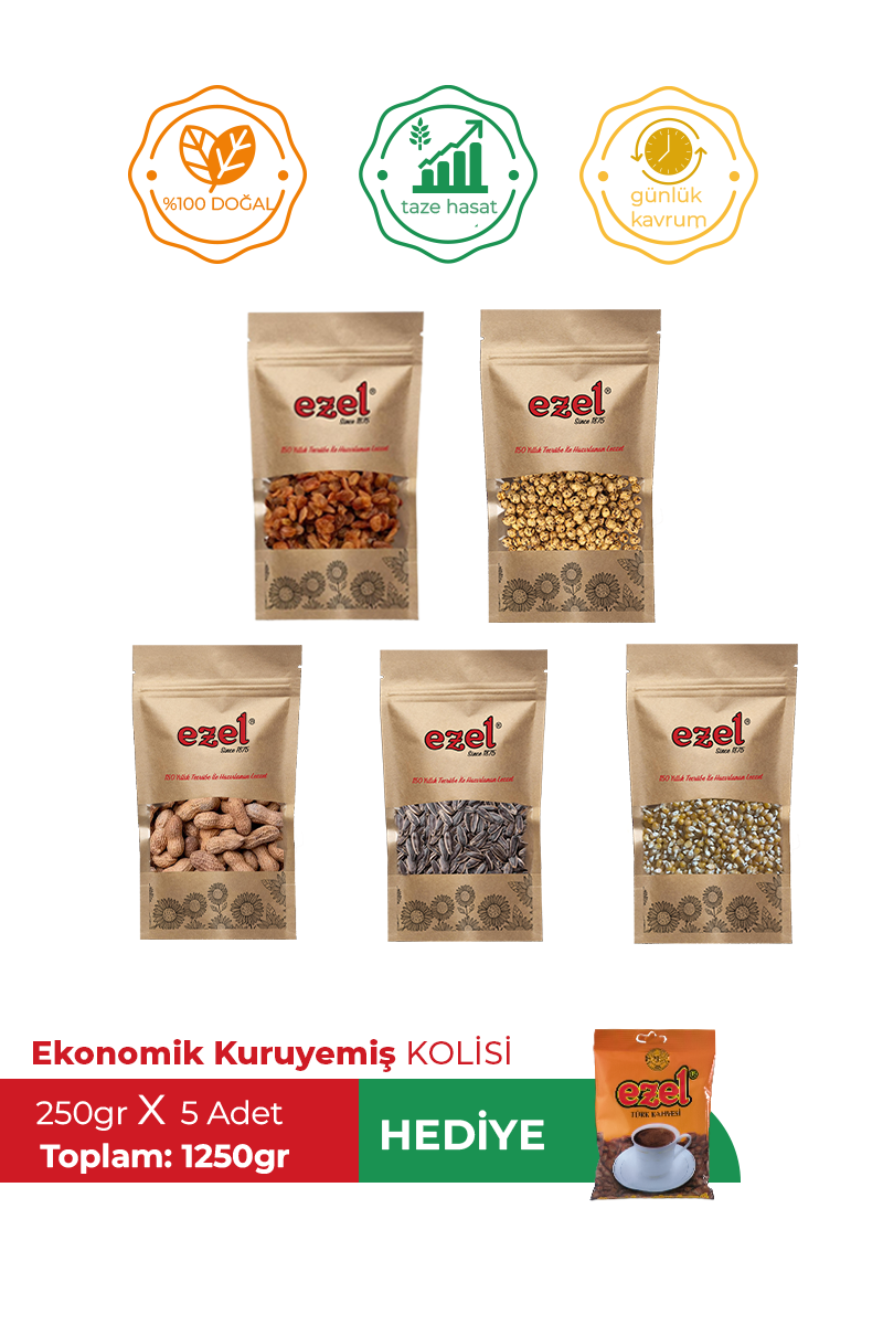 Ezel Ekonomik Kuruyemiş Kolisi 1 – 5'li Lezzet Seti + 100 g Türk Kahvesi