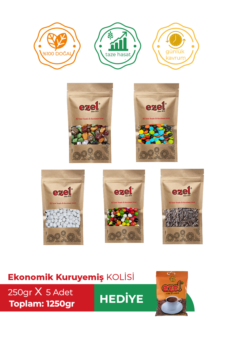 Ezel Ekonomik Kuruyemiş Kolisi 3 – 5' li Lezzet Seti + 100 g Türk Kahvesi 