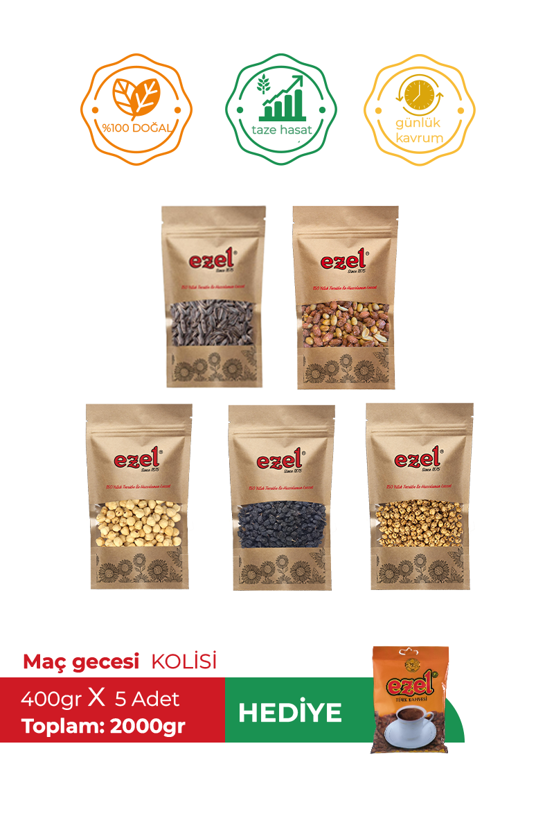 Ezel Kuruyemiş Maç Gecesi Kolisi – 5'li Atıştırmalık Set + 100 g Türk Kahvesi 