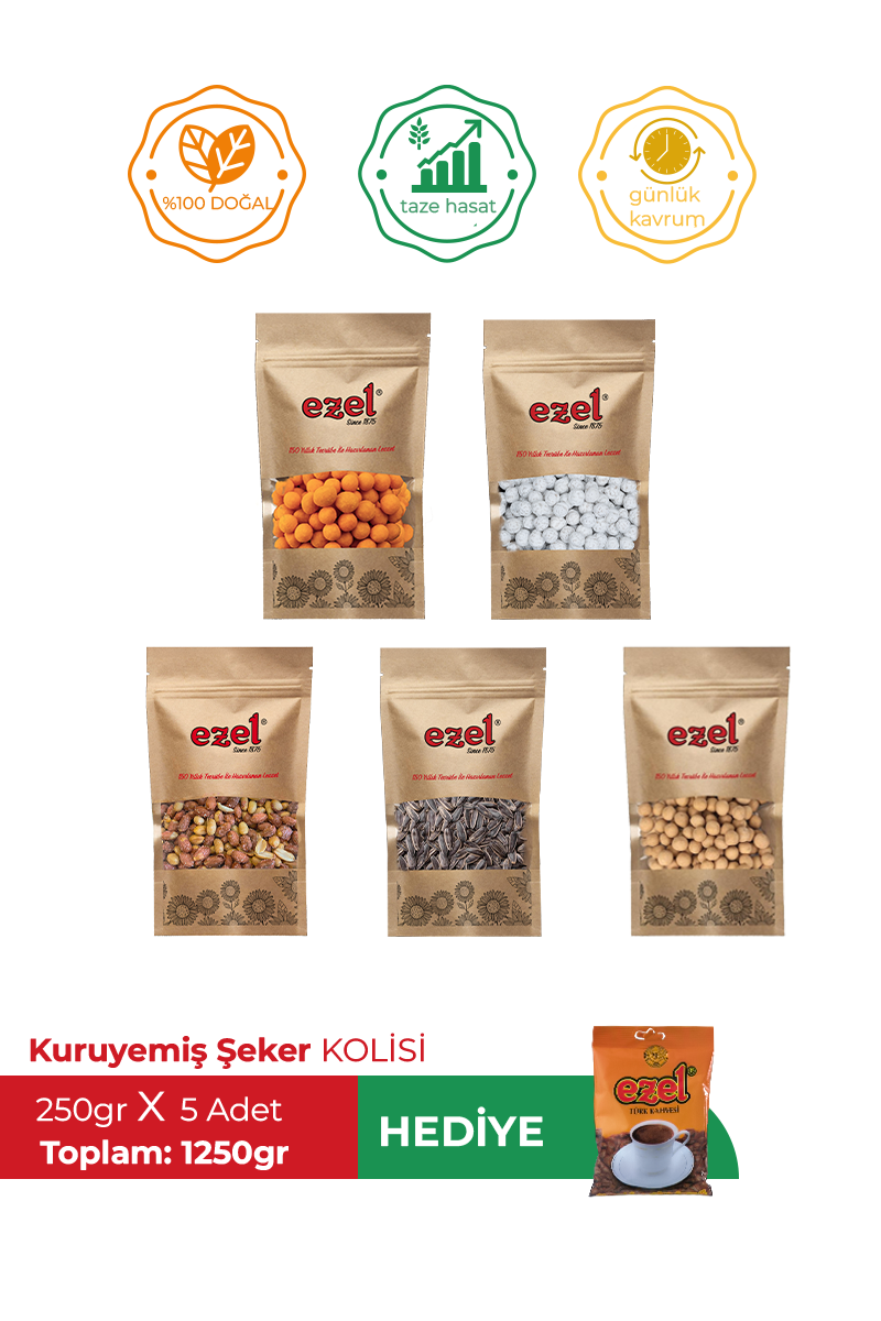 Ezel Kuruyemiş Şeker Kolisi – 5'li Atıştırmalık Set + 100 g Türk Kahvesi 