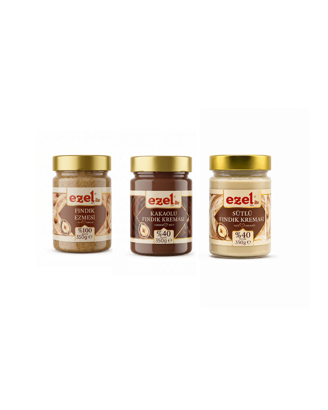 Ezel'den Sütlü Fındık Kreması 350g & Kakaolu Fındık Kreması 350g & Fındık Ezmesi 350g