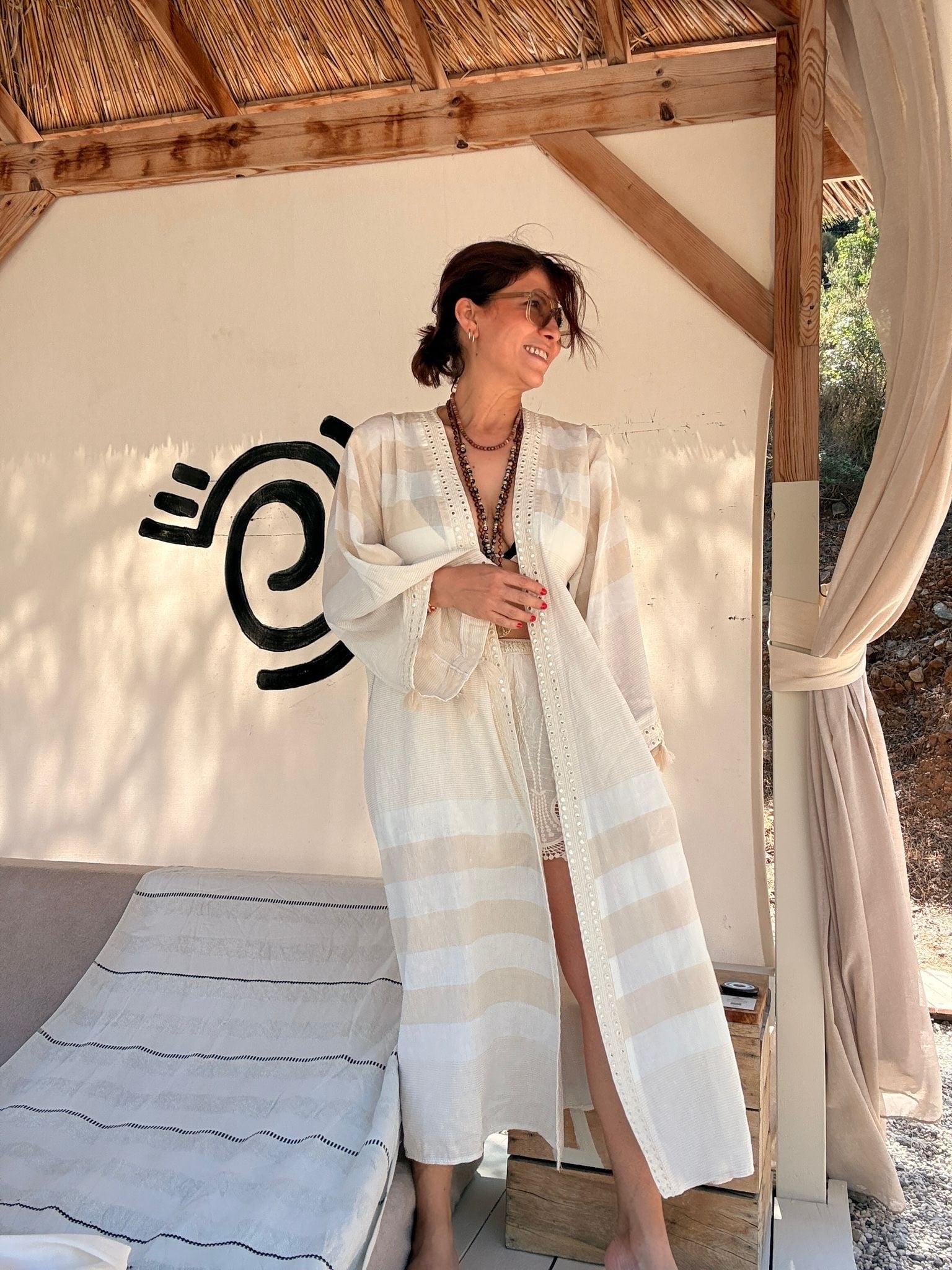 Aynalı Çizgili Keten Kimono