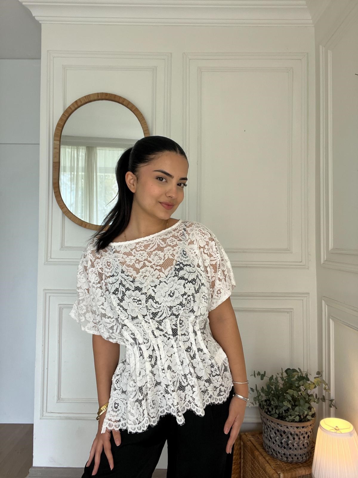 Belden Drape Detaylı Yanı Fermuarlı Dantel Bluz Beyaz