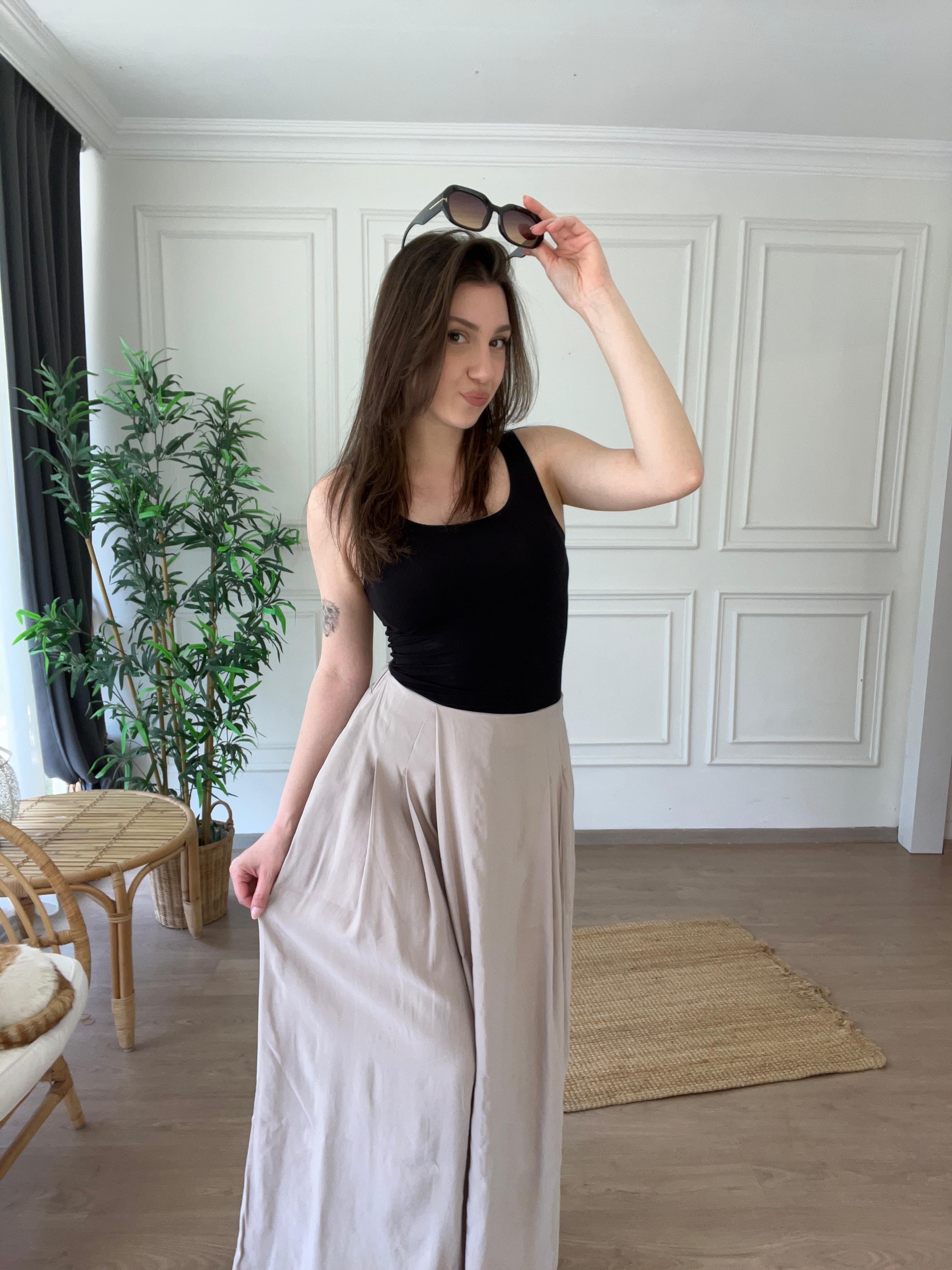 Beli Lastikli Tencel Pantolon Bej