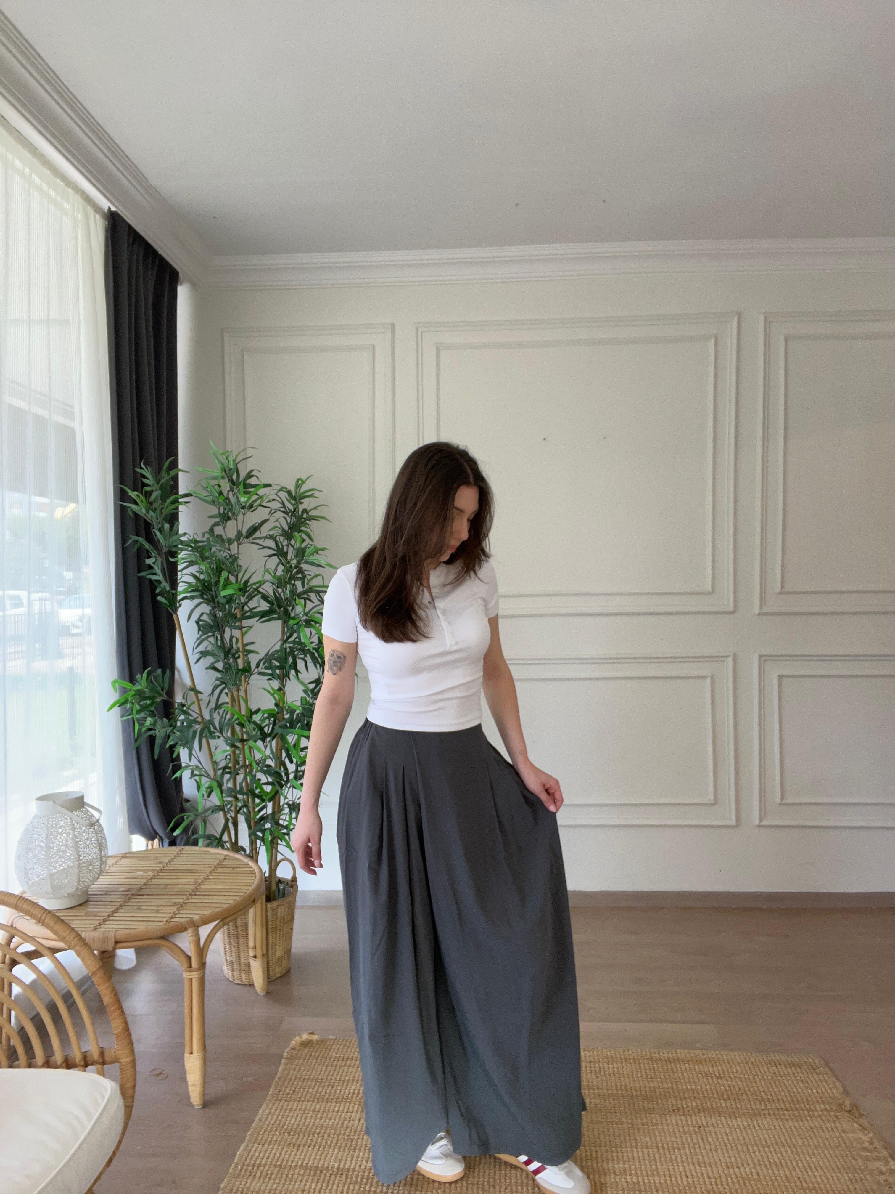 Beli Lastikli Tencel Pantolon Gri