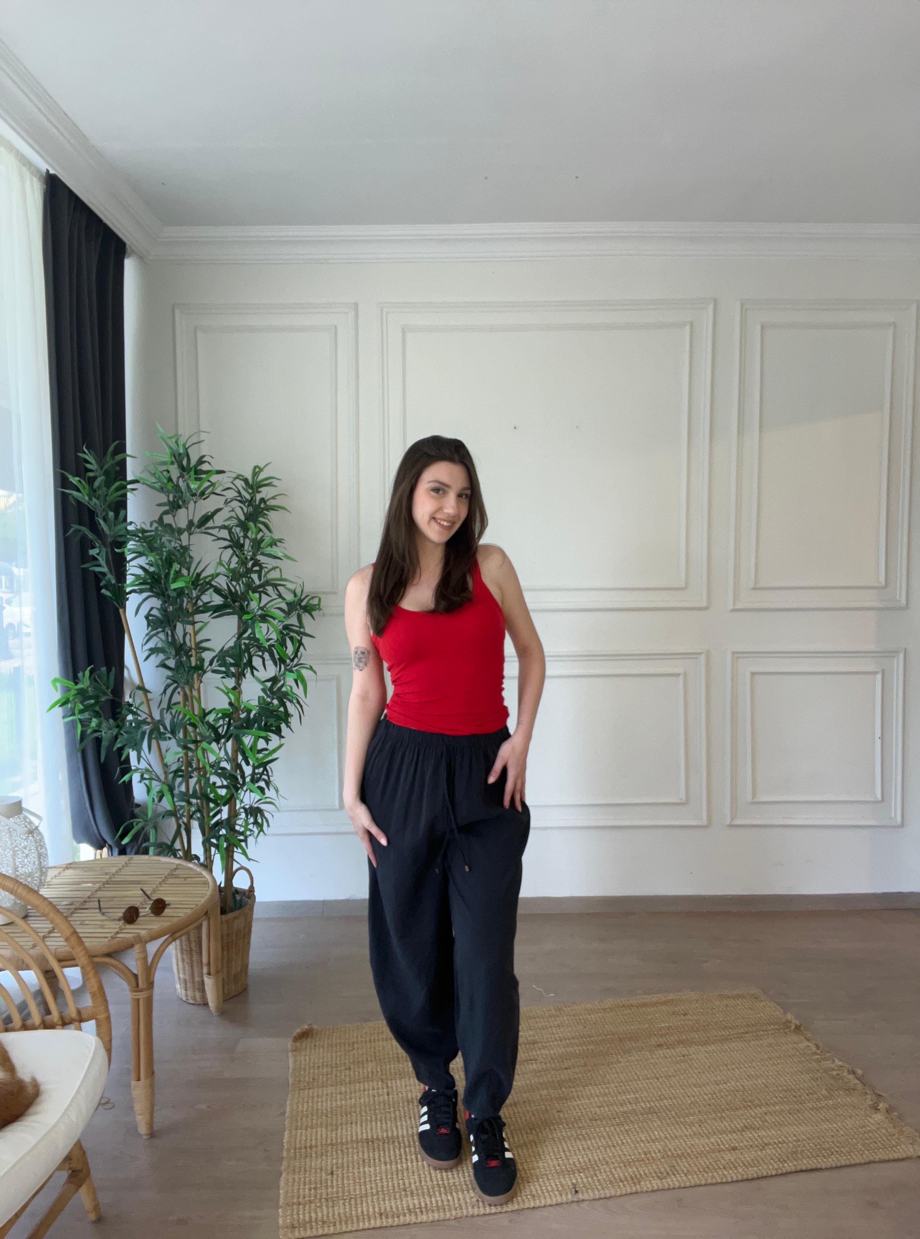 Beli Lastikli Tencel Pantolon Lacivert