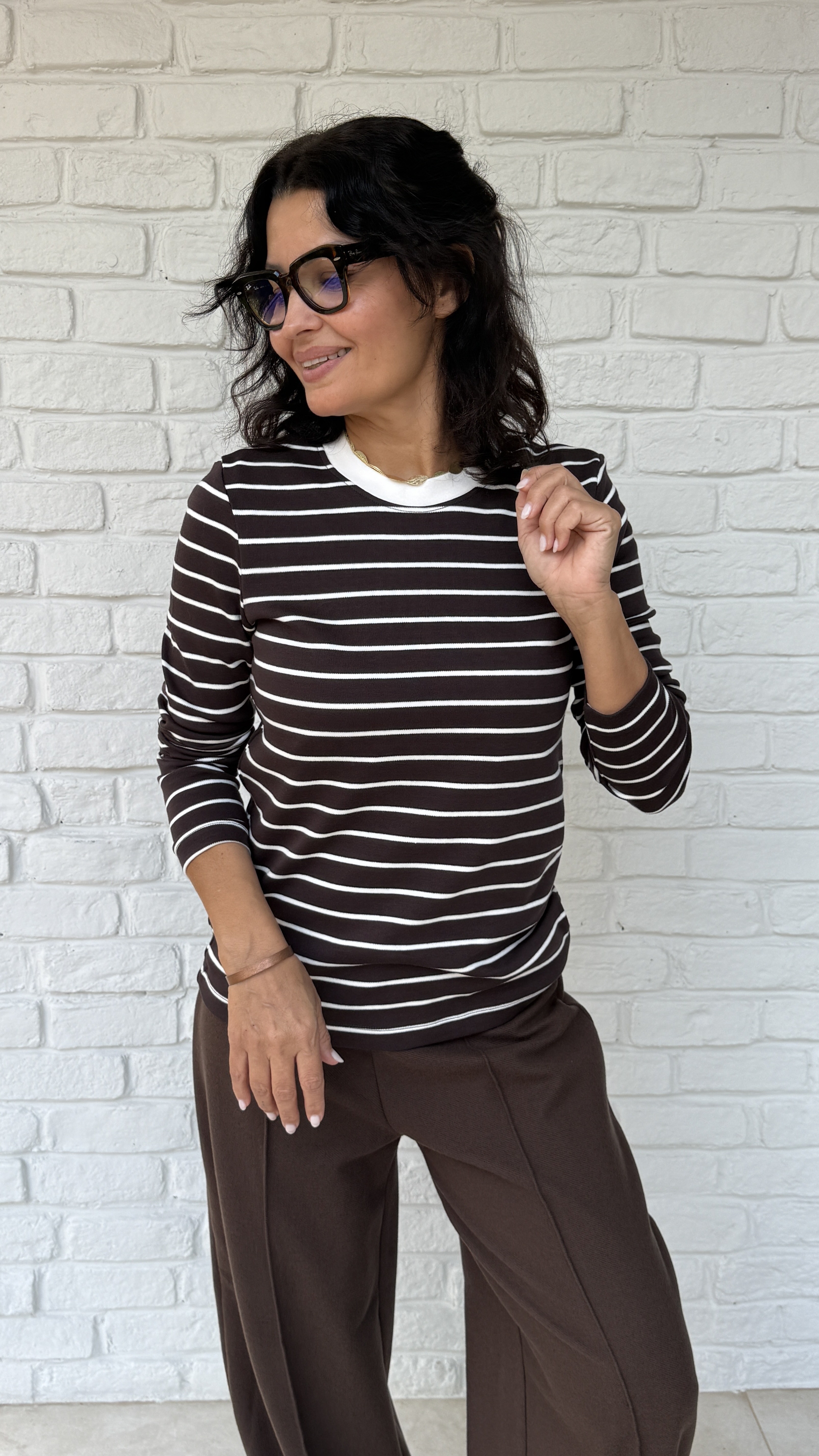 Bisiklet Yaka Çizgili Sweatshirt Kahverengi