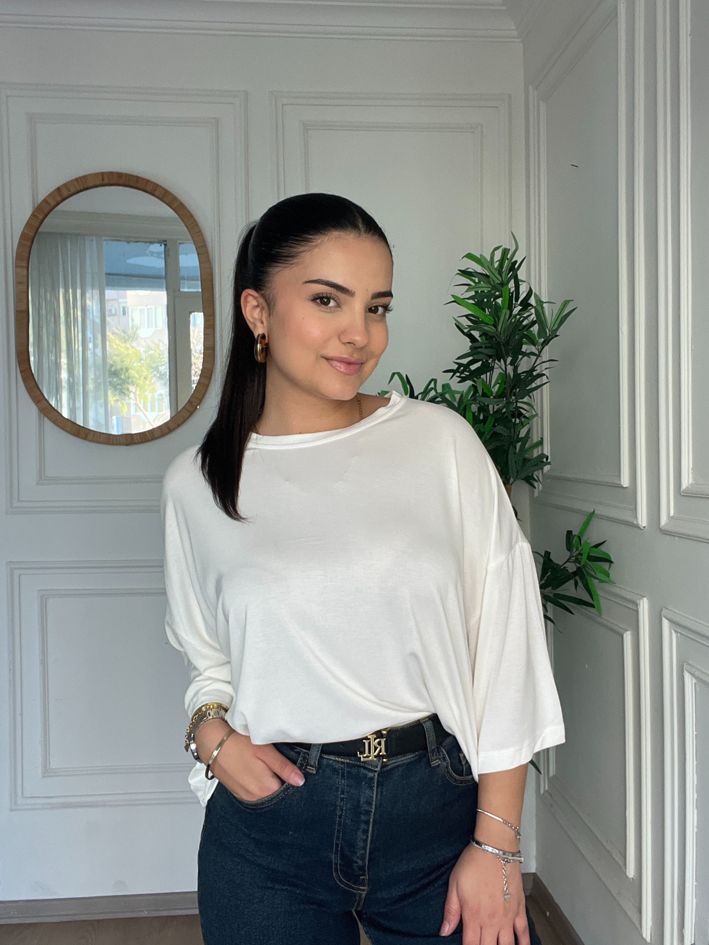 Bisiklet Yaka Modal Kısa Tshirt Ekru