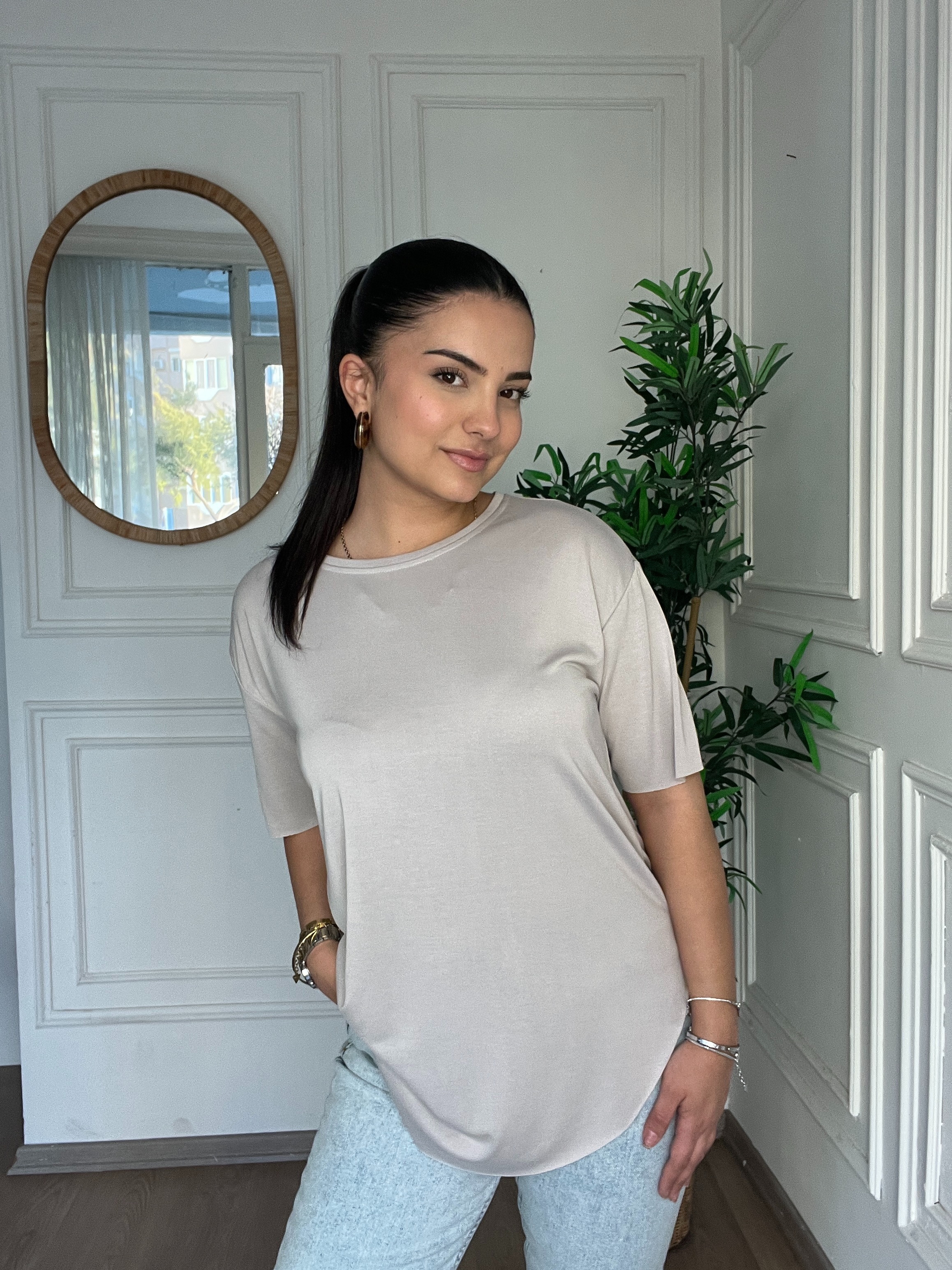 Bisiklet Yaka Modal Tshirt Açık Gri