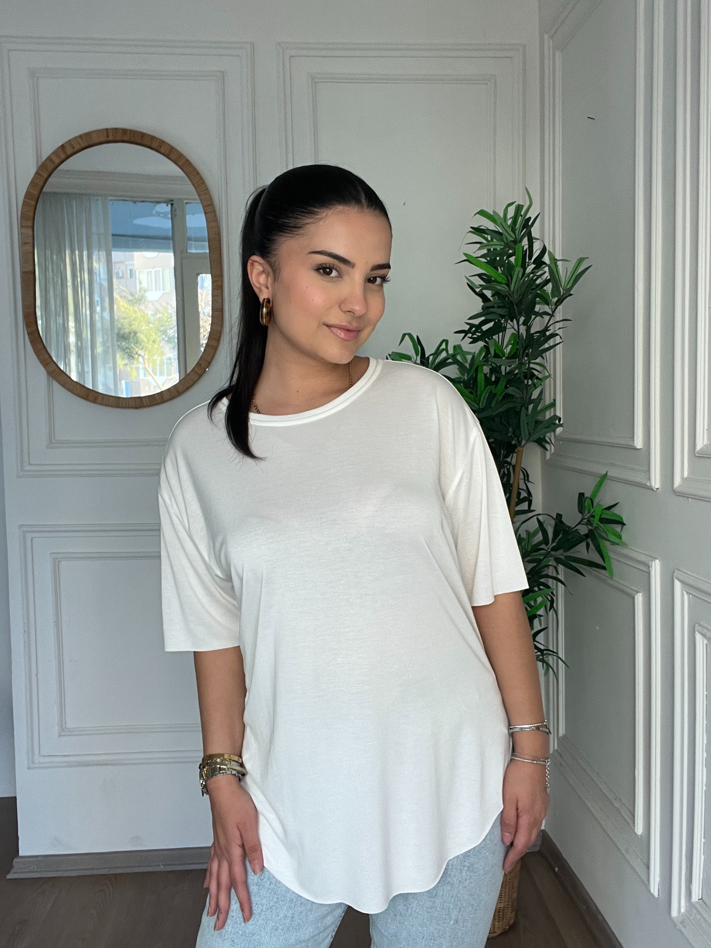 Bisiklet Yaka Modal Tshirt Ekru