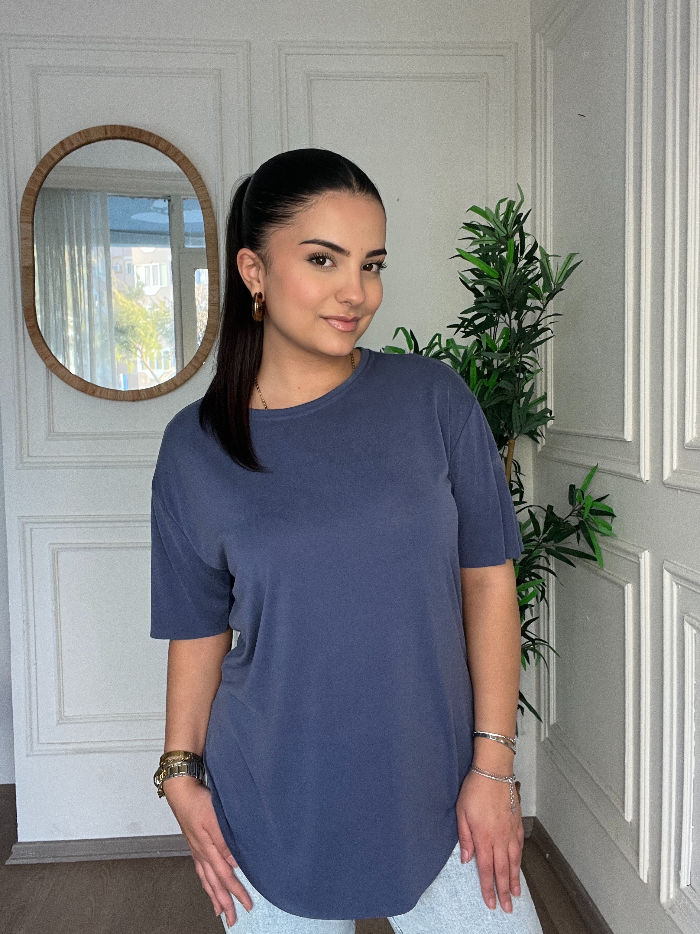 Bisiklet Yaka Modal Tshirt İndigo