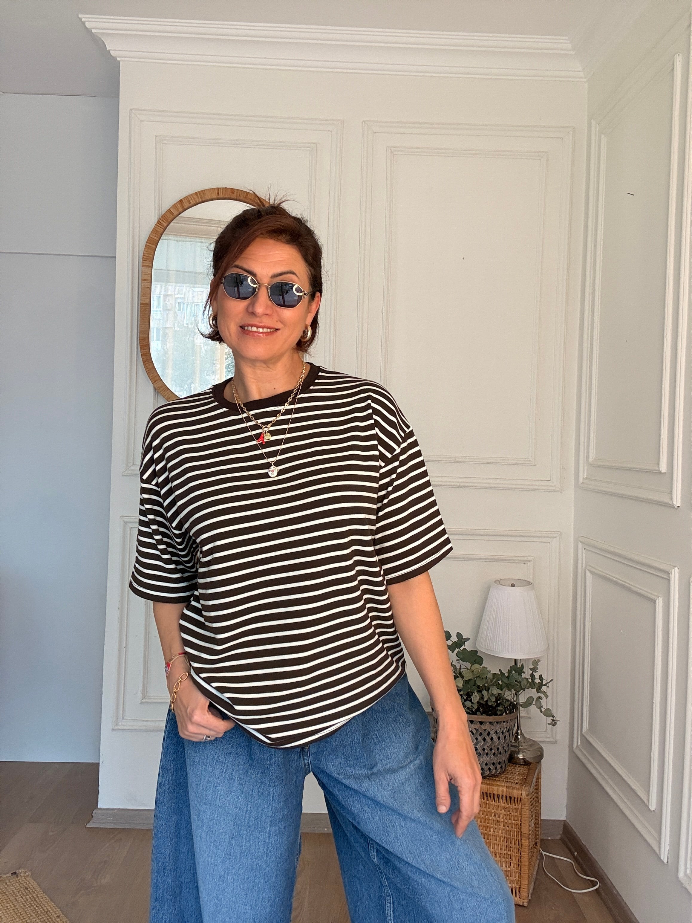 Çizgili Salaş Tshirt Kahverengi