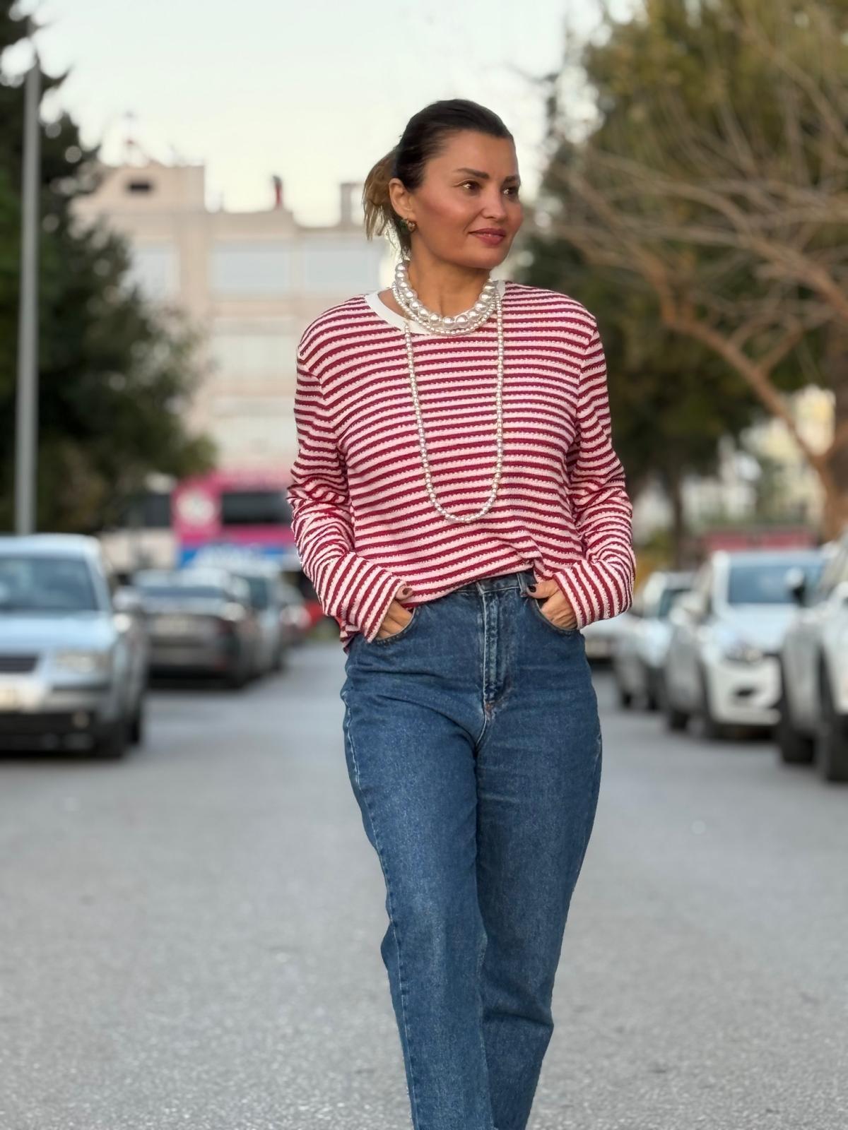 Çizgili Sweatshirt Kırmızı