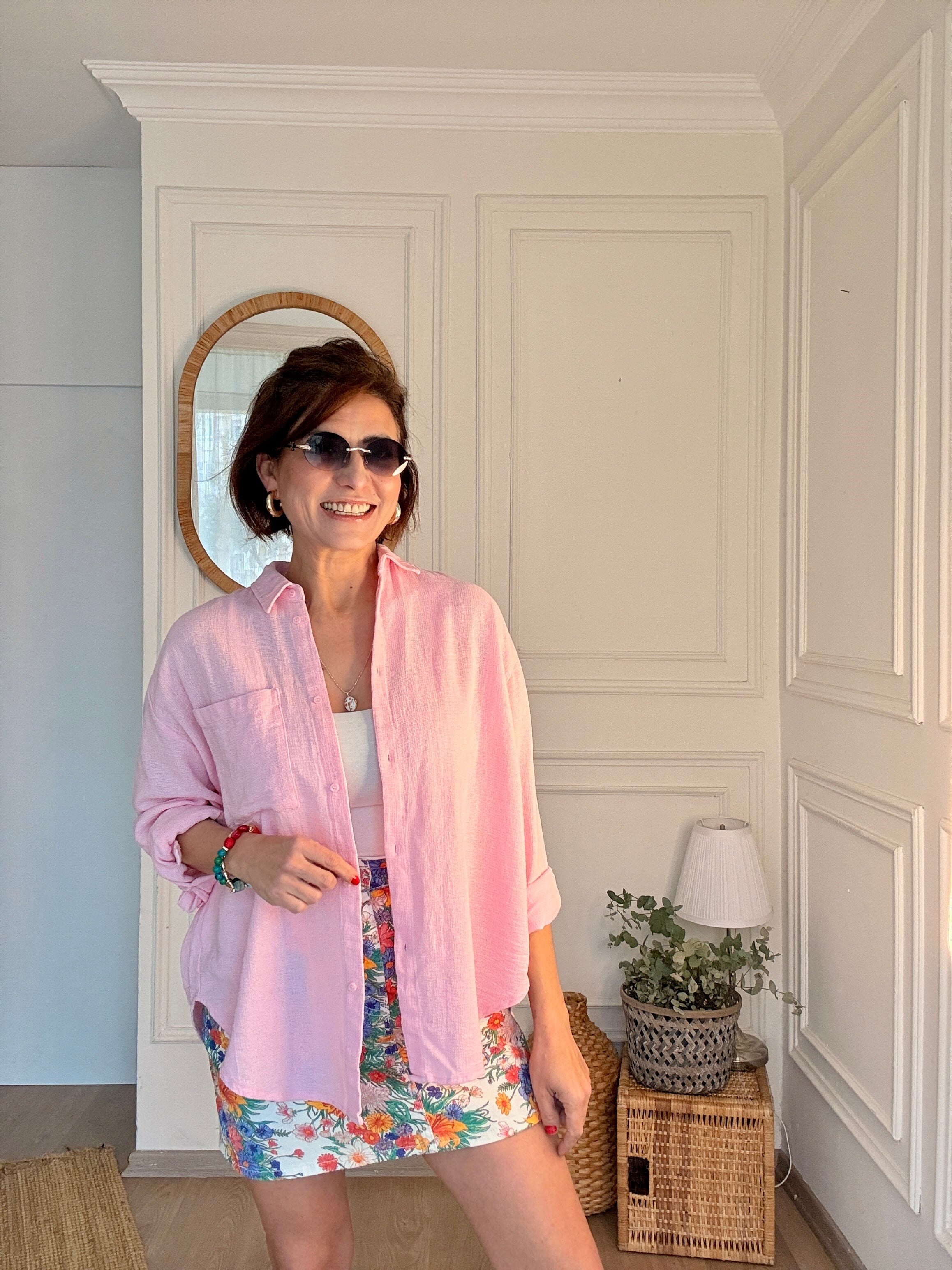 Dokulu Pamuk Gömlek Pembe