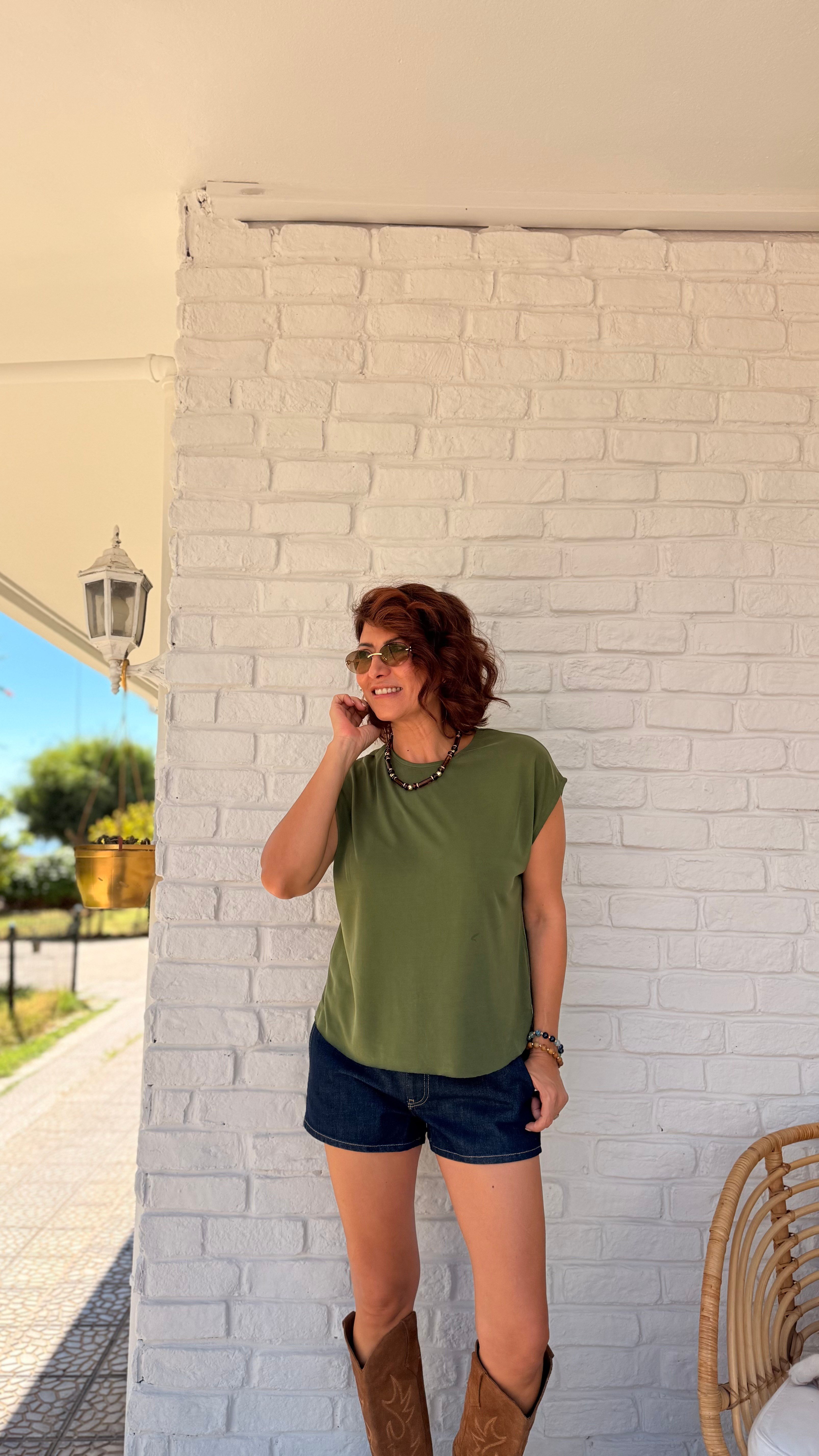 Düşük Kol Bisiklet Yaka Modal Tshirt Yeşil