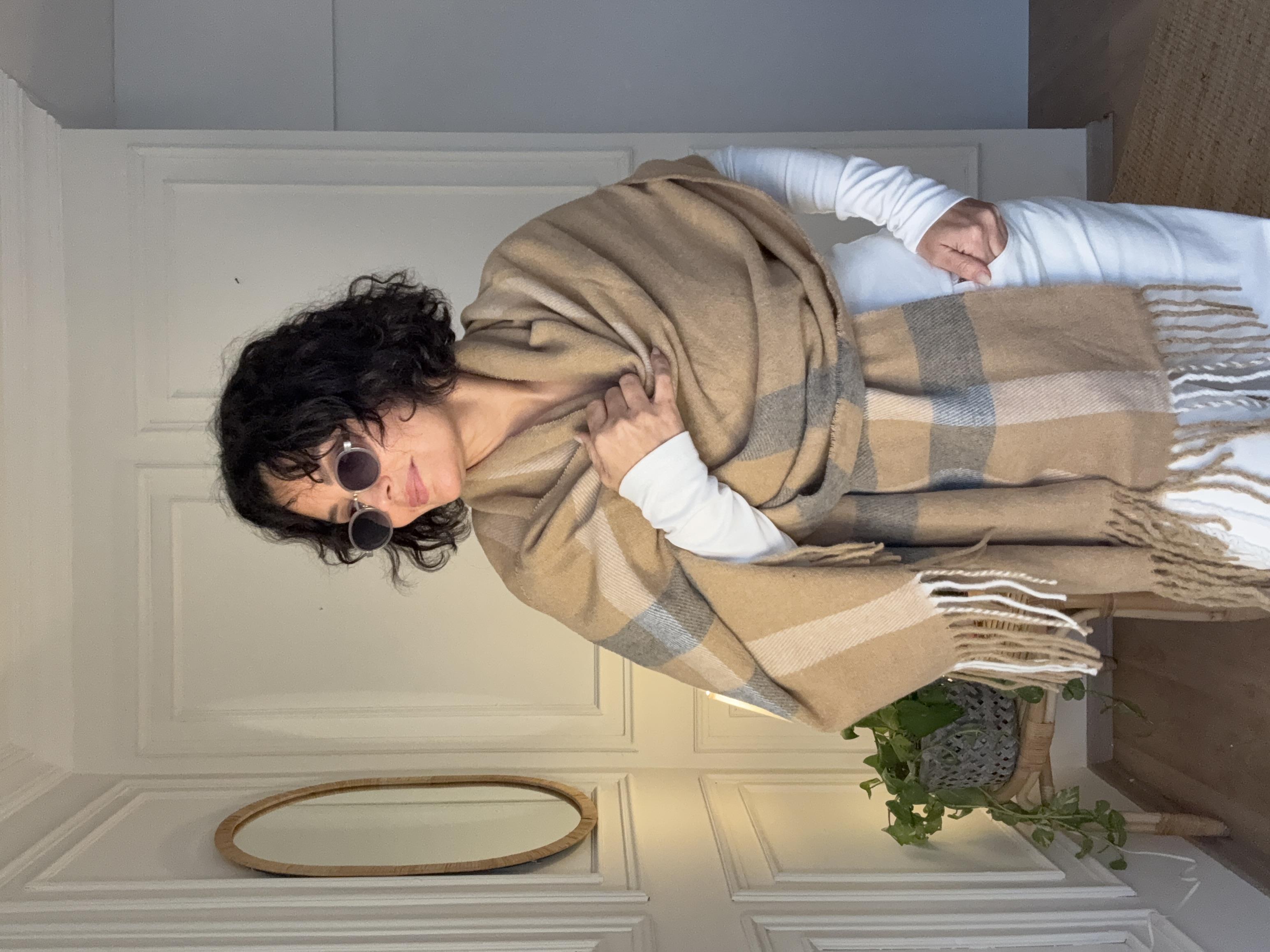 Ekoseli Büyük Yün Atkı Bej 70*195 cm