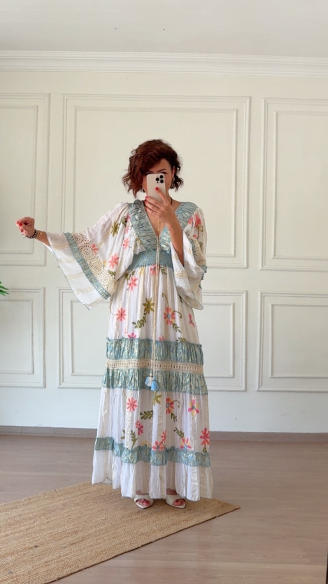 İthal Floral Desenli Uzun Elbise