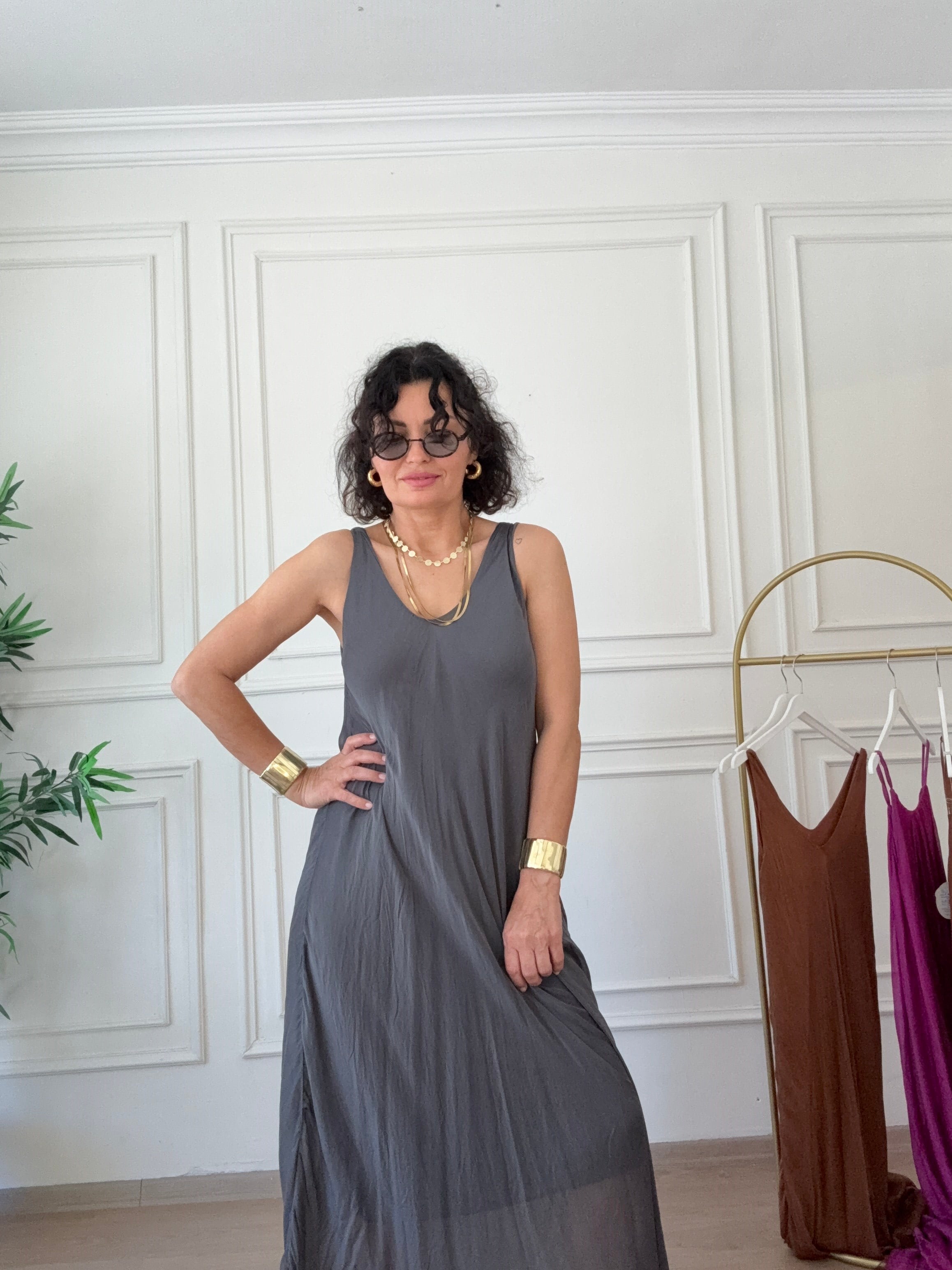 Kalın Askılı İpek Elbise Gri