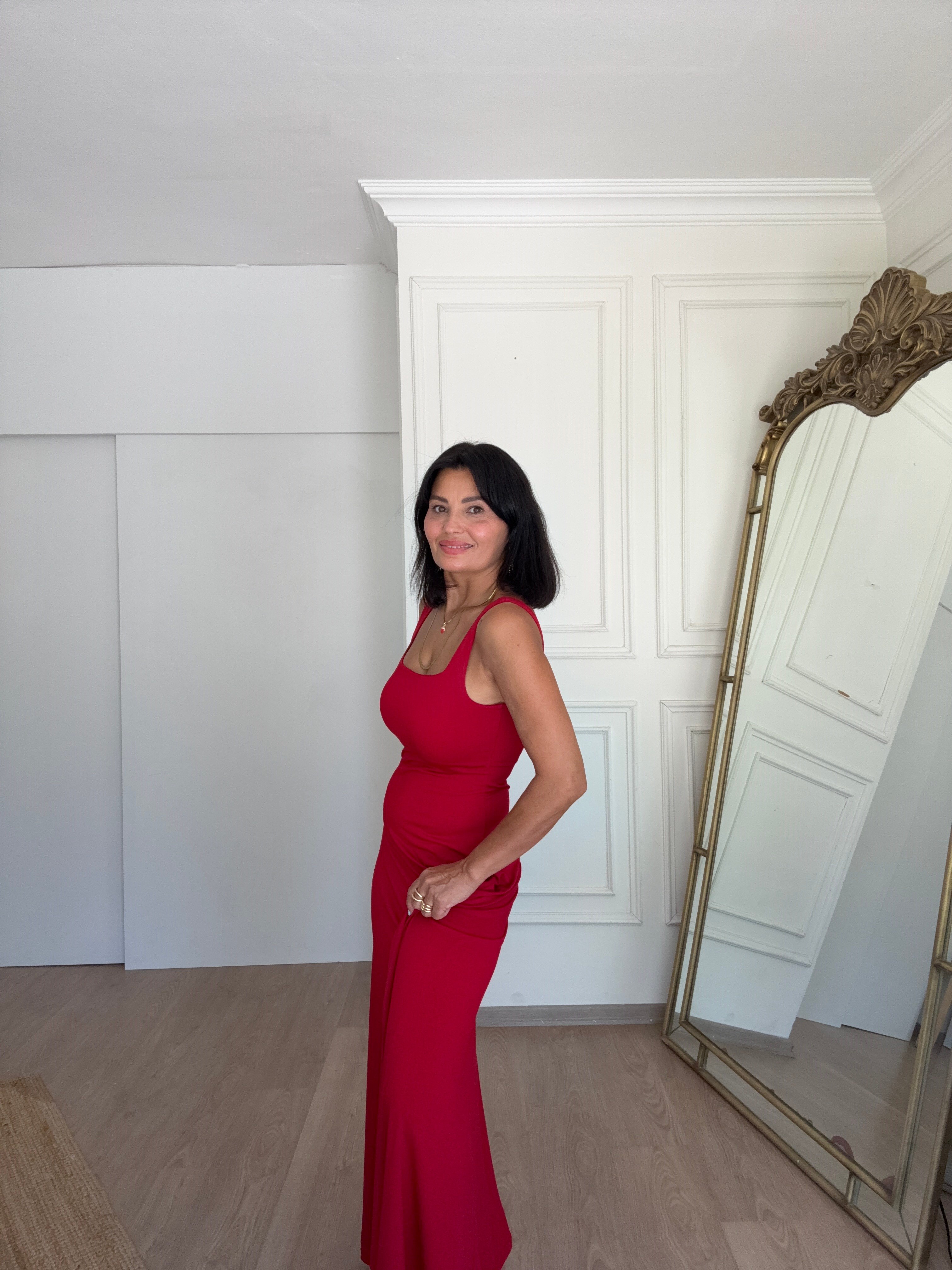 Kare Yaka Sendy Elbise Kırmızı