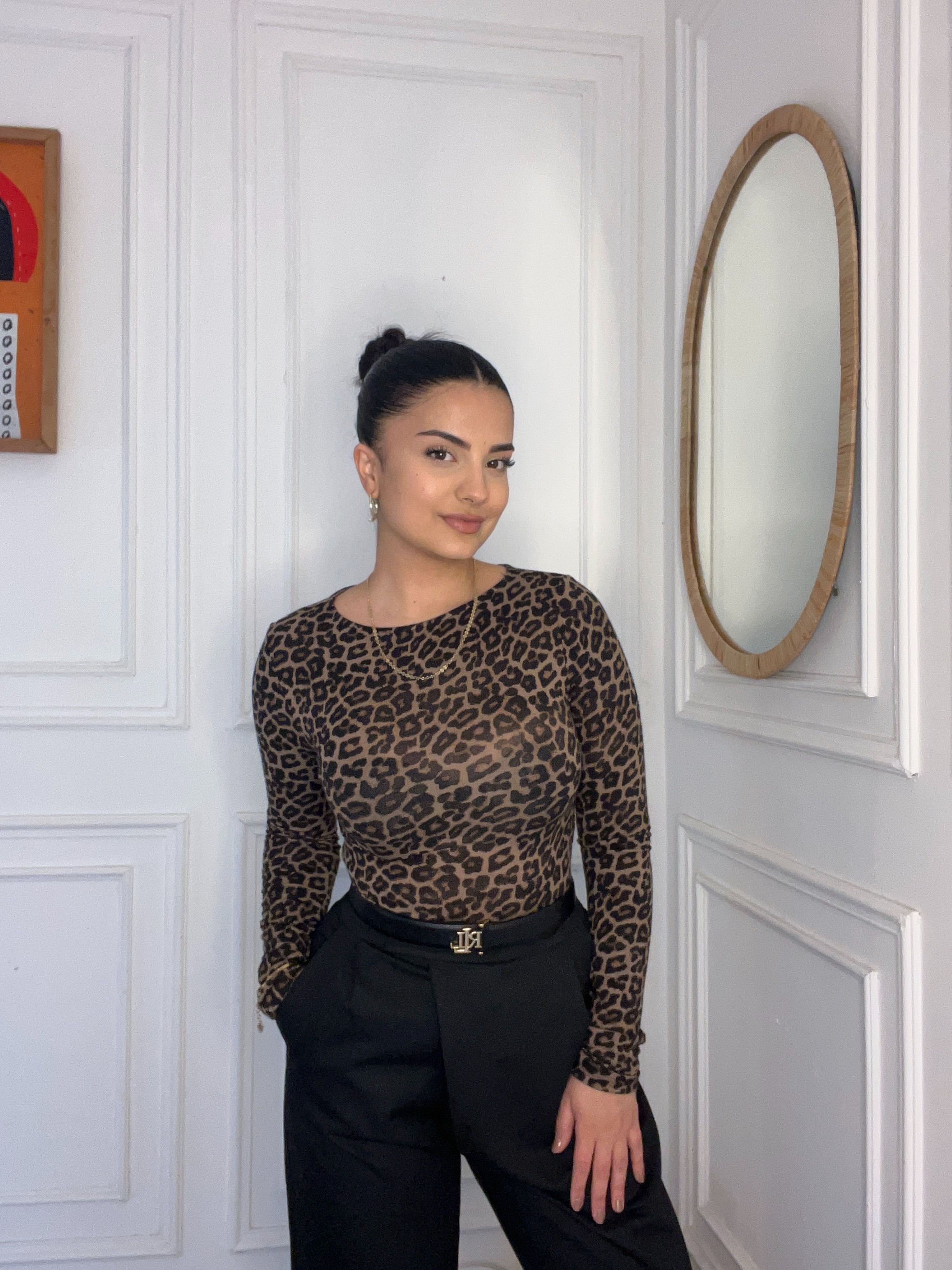 Kayık Yaka Uzun Kollu Top Leopar